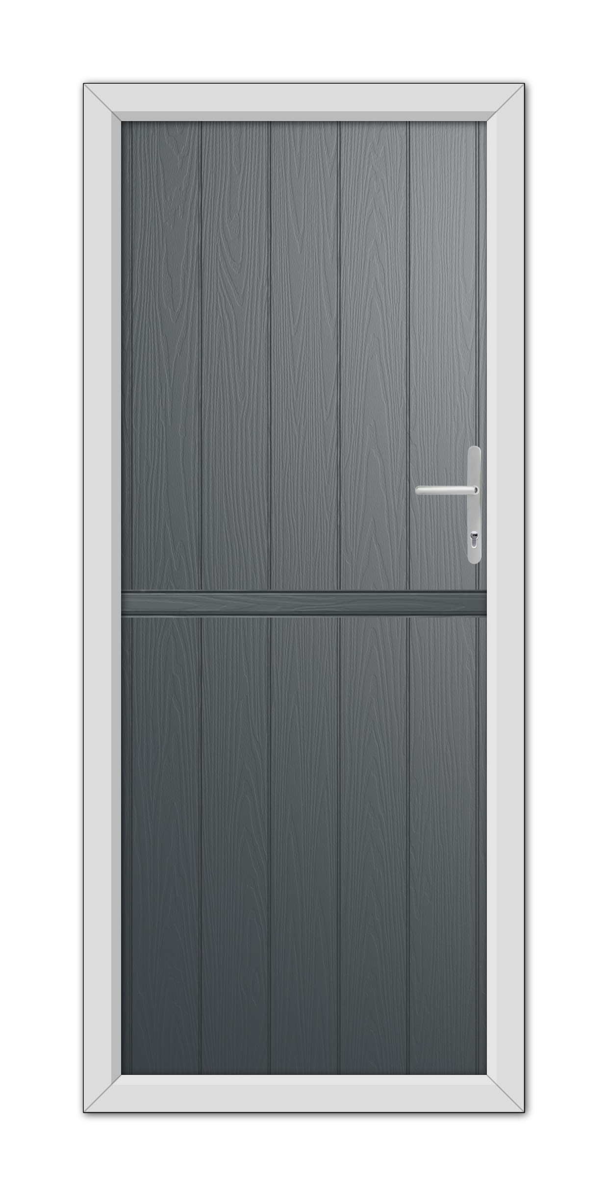 A modern Anthracite Grey Gloucester Stable Composite Door 48mm Timber Core in a white frame with a metallic handle, viewed from the front.