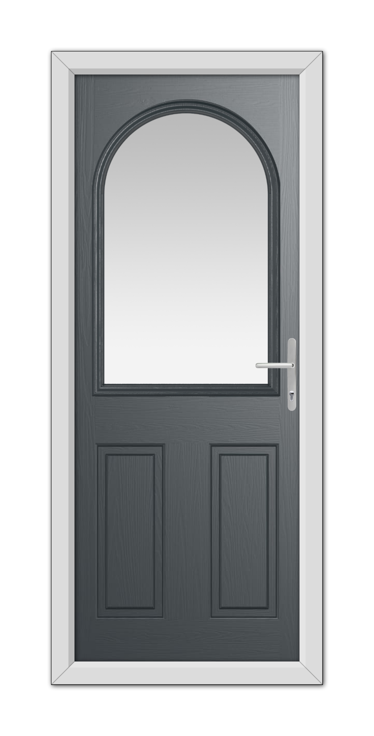 A Anthracite Grey Grafton Composite Door 48mm Timber Core with an arched window at the top, equipped with a modern handle, set in a white frame.