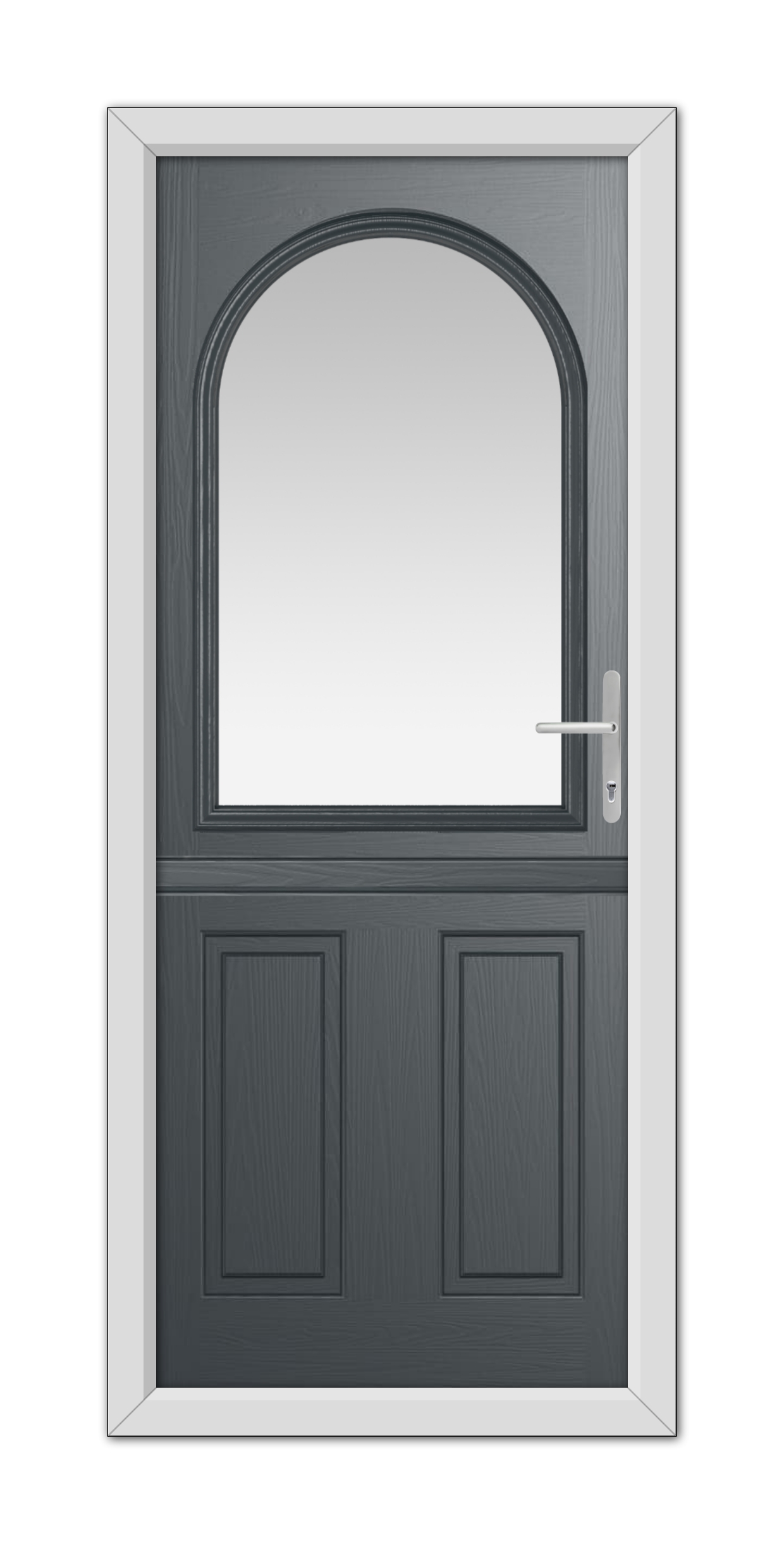 A Anthracite Grey Grafton Stable Composite Door 48mm Timber Core with a half-circle glass window at the top, framed in white, featuring a modern handle on the right side.