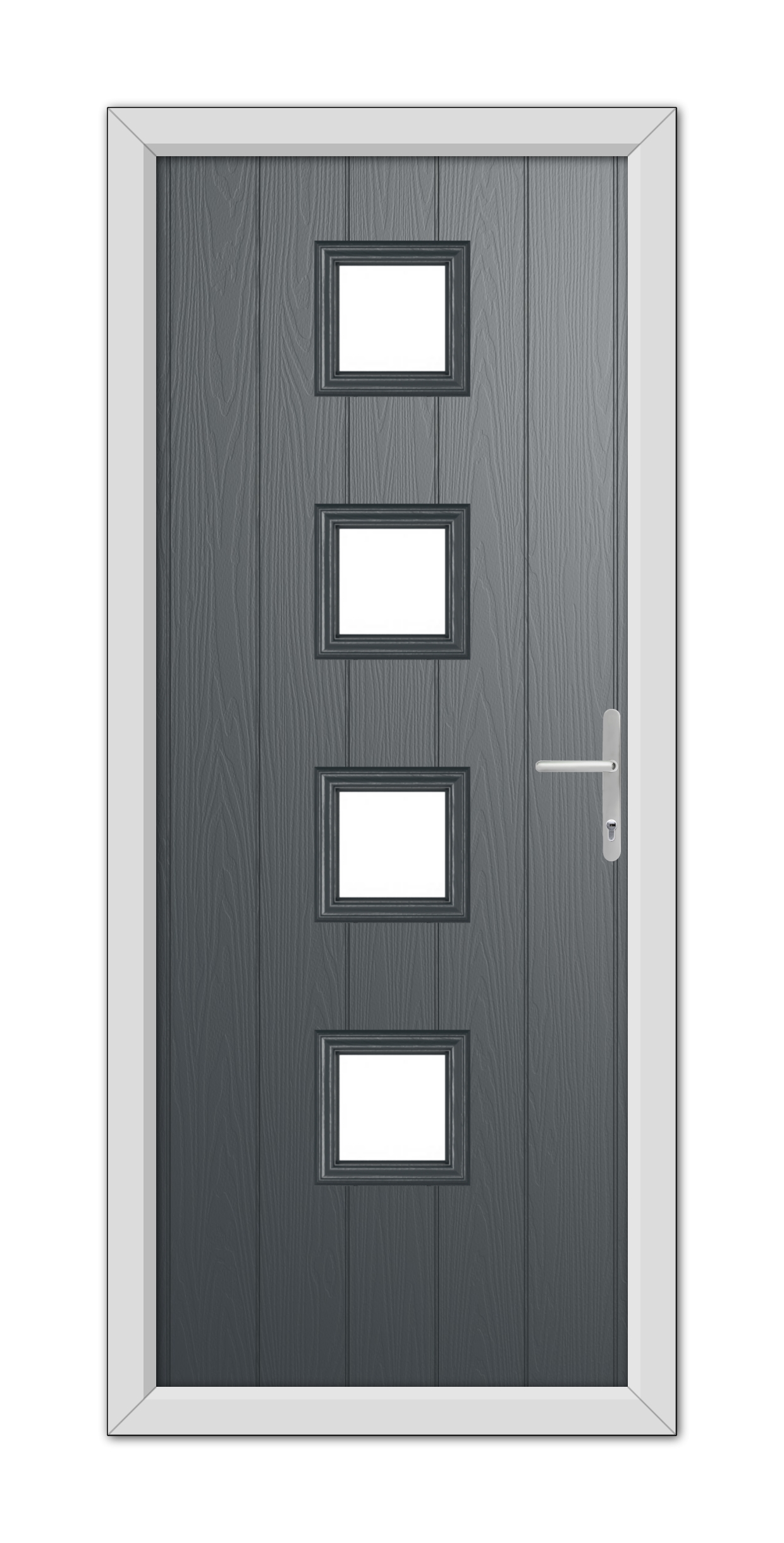 A modern Anthracite Grey Hamilton Composite Door 48mm Timber Core featuring four rectangular windows and a silver handle, set within a white frame.
