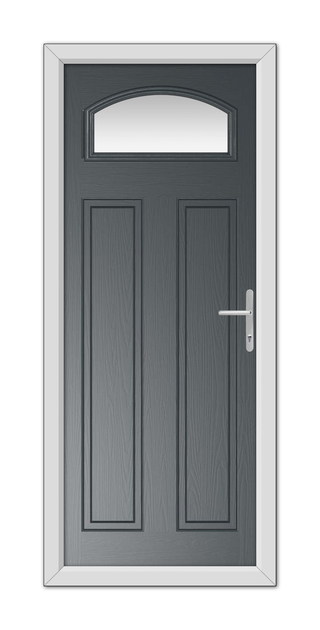 Anthracite Grey Harlington Composite Door 48mm Timber Core with an arched window and white frame, featuring a metallic handle on the right side.
