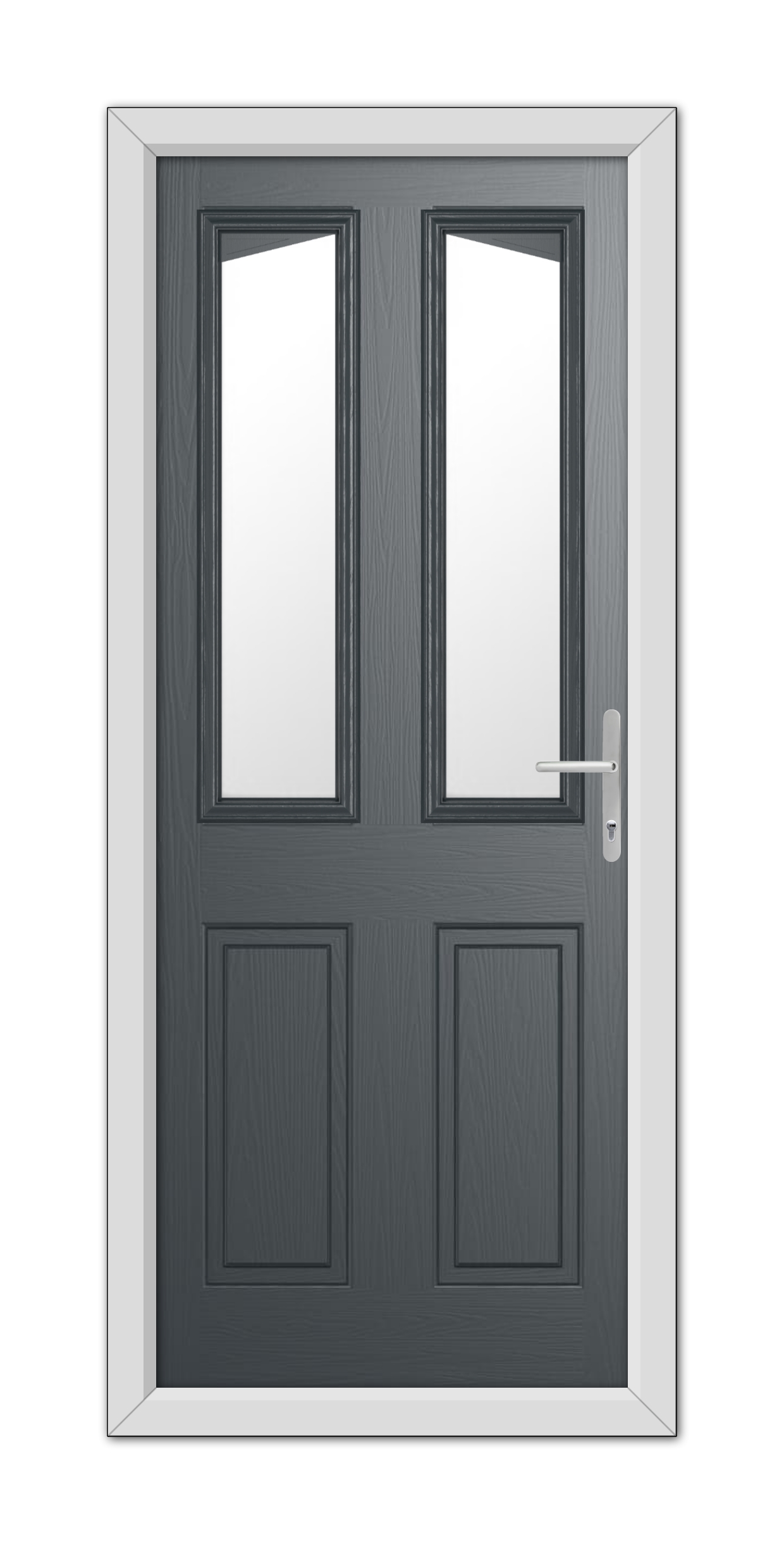Anthracite Grey Highbury Composite Door with vertical glass panels and a modern handle, set within a white frame.