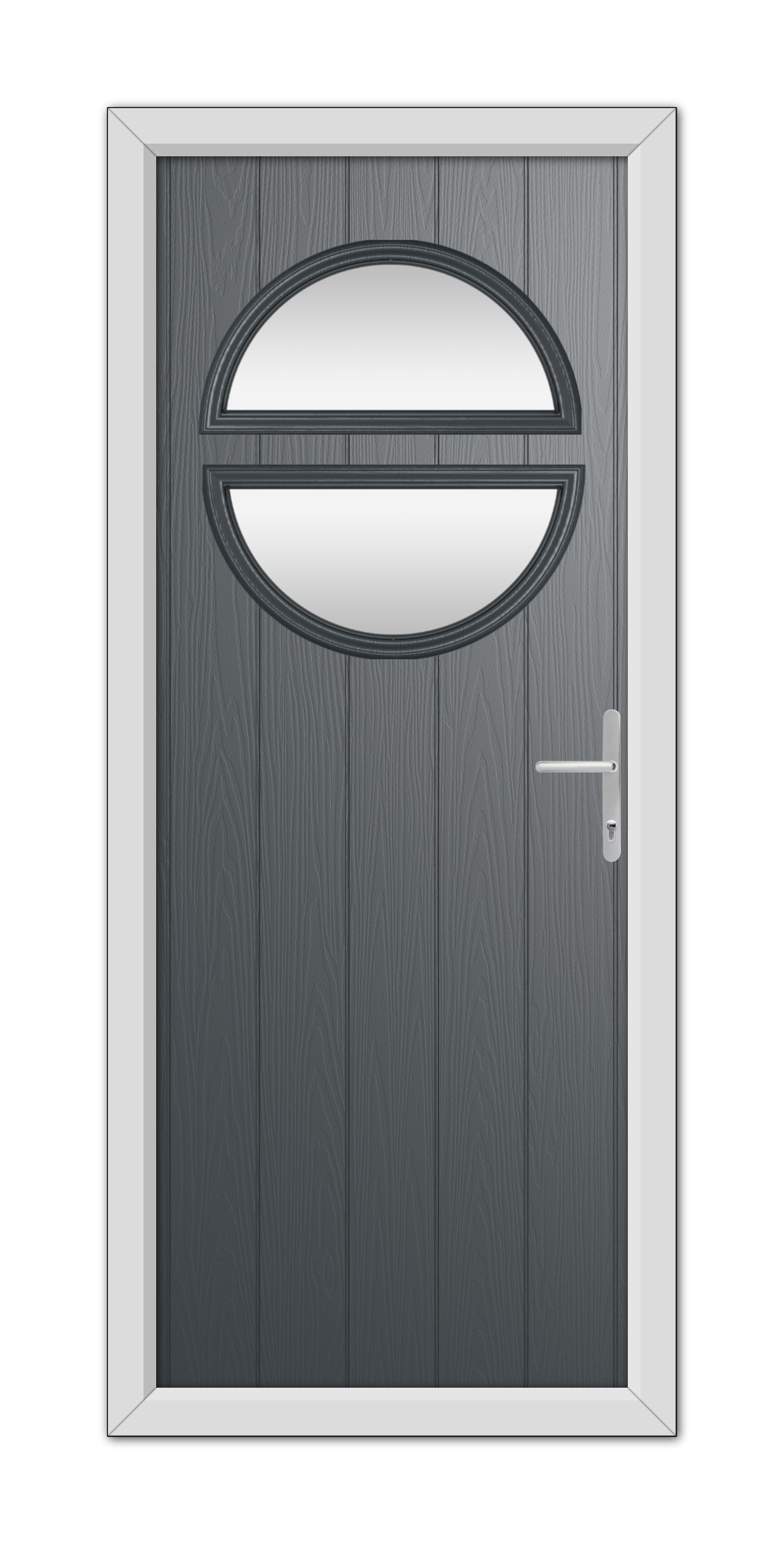 A modern Anthracite Grey Kent Composite Door 48mm Timber Core featuring an oval glass window at the top and a metallic handle on the right side, set within a white frame.