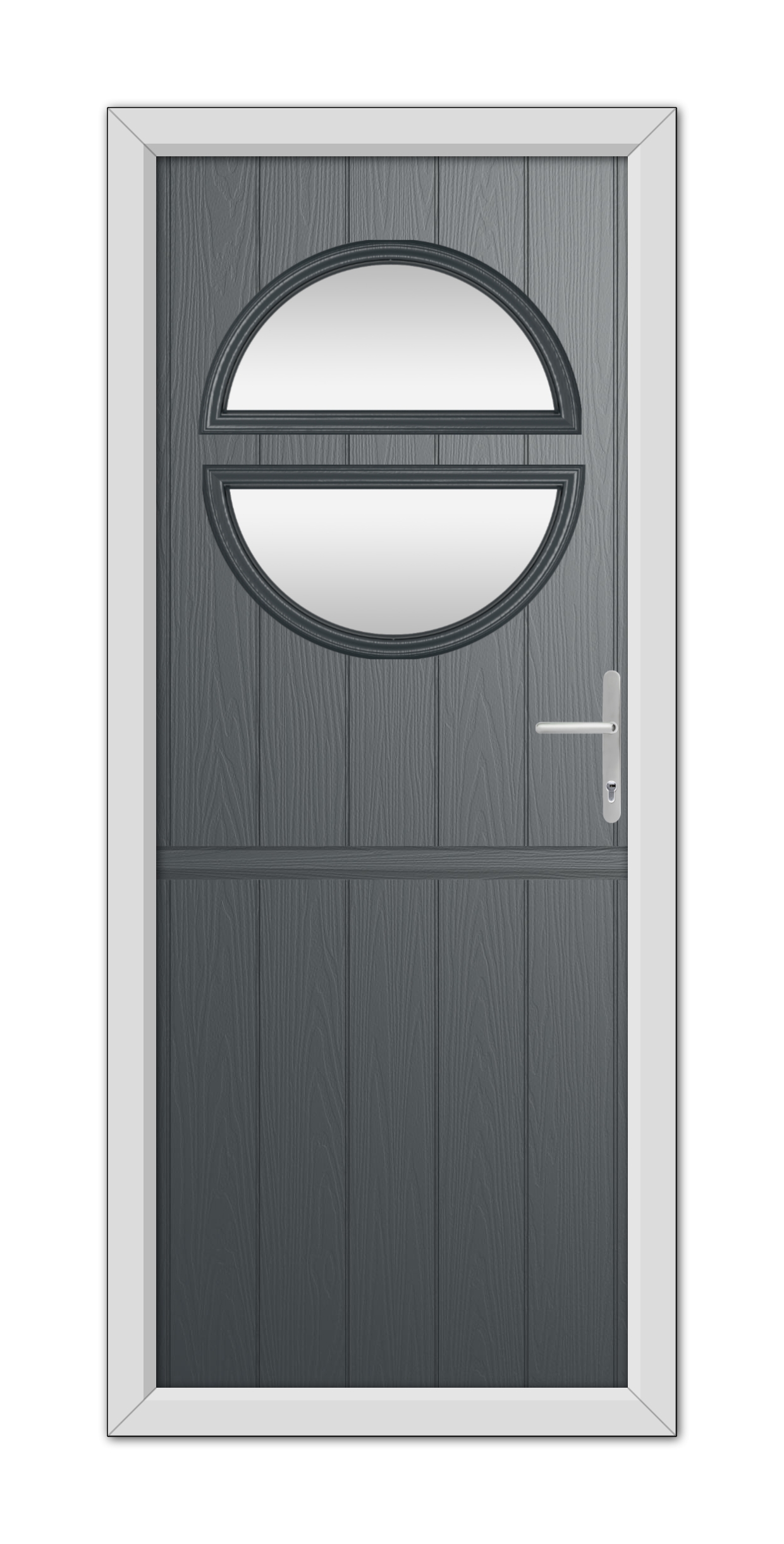 A modern Anthracite Grey Kent Stable Composite Door 48mm Timber Core featuring an oval glass window at the top and a metal handle on the right.