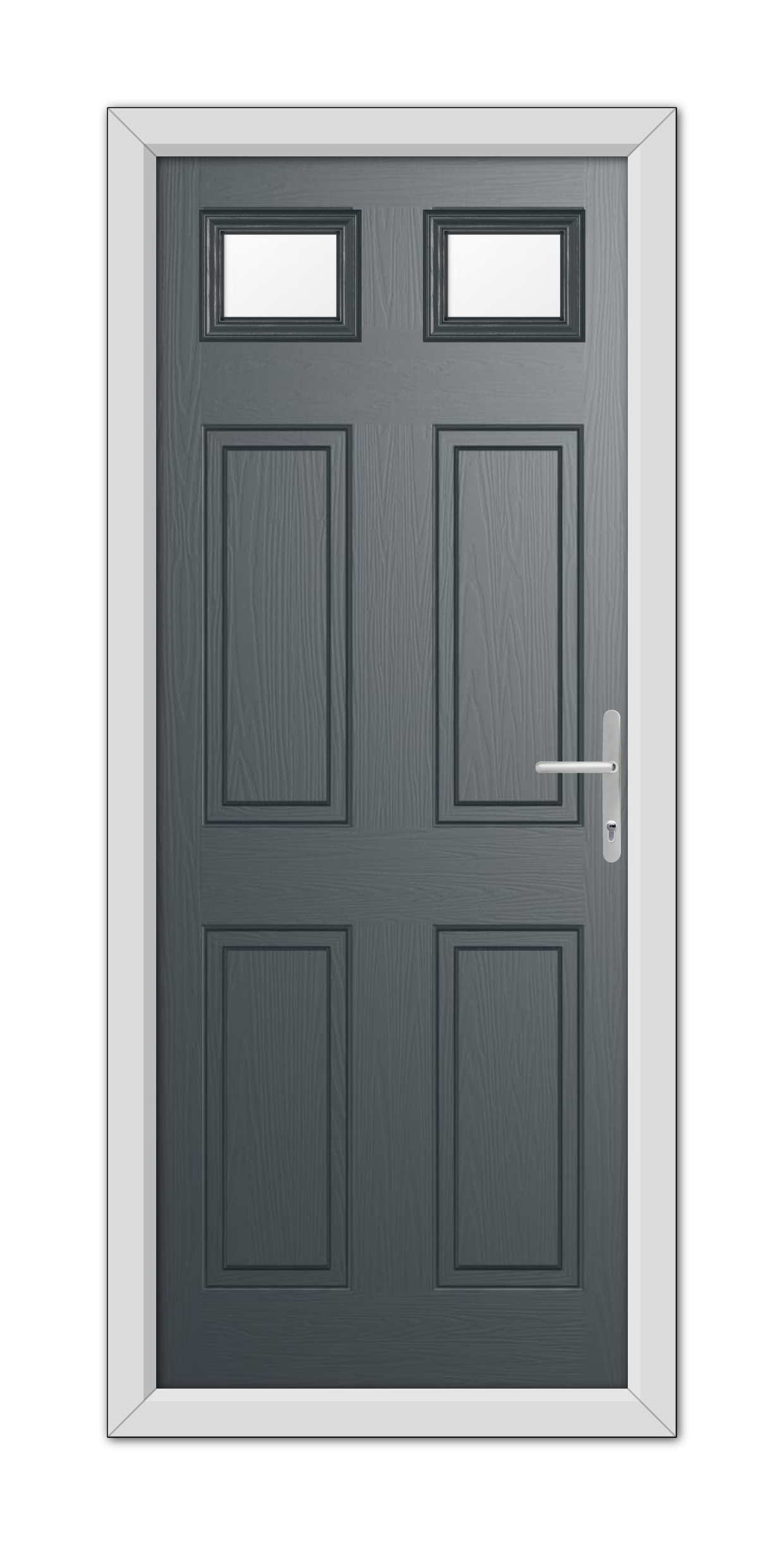 A modern Anthracite Grey Middleton Glazed 2 Composite Door 48mm Timber Core with rectangular panels and a silver handle, surrounded by a white frame and featuring three small windows at the top.