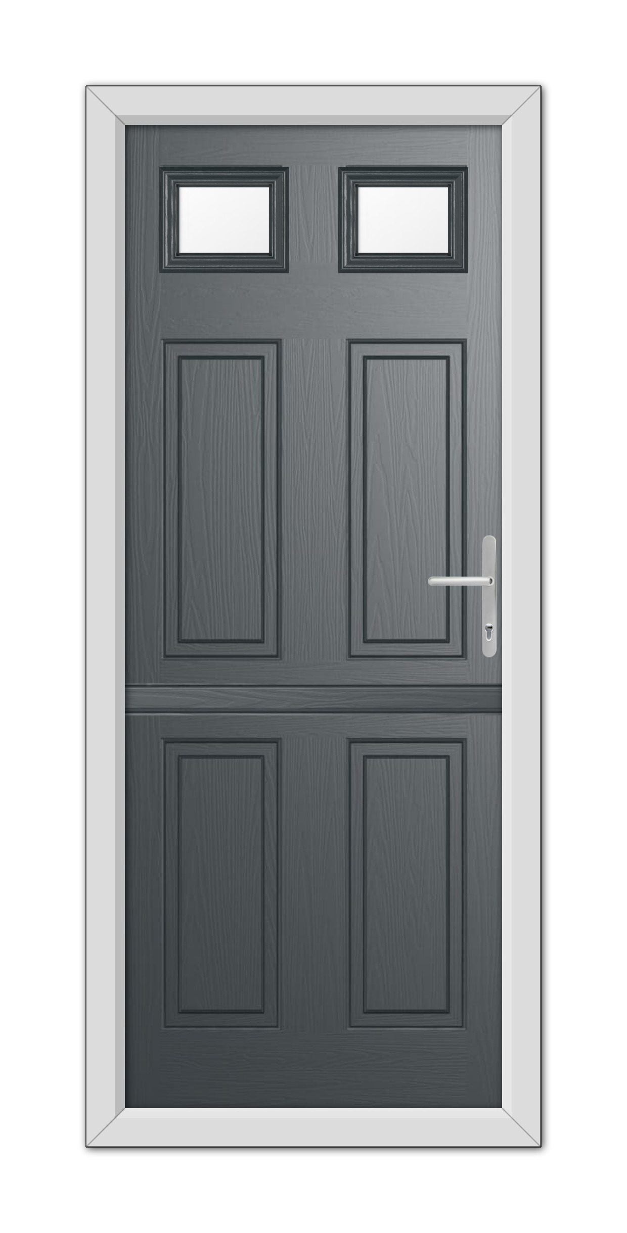A modern Anthracite Grey Middleton Glazed 2 Stable Composite Door 48mm Timber Core with four panels and three rectangular windows at the top, framed in white and equipped with a silver handle.