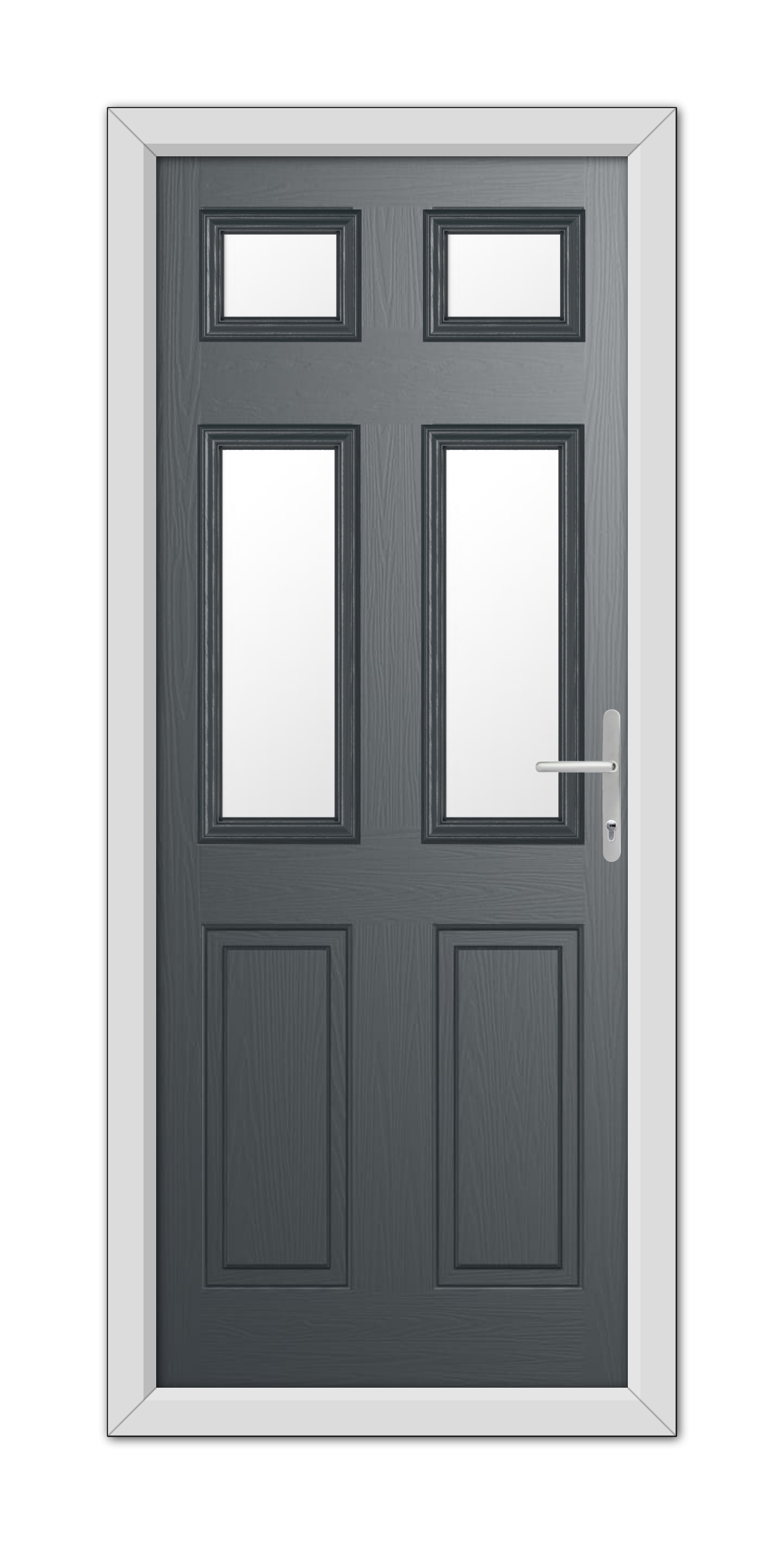A modern Anthracite Grey Middleton Glazed 4 Composite Door 48mm Timber Core featuring a vertical handle, four rectangular panels, and three small windows.