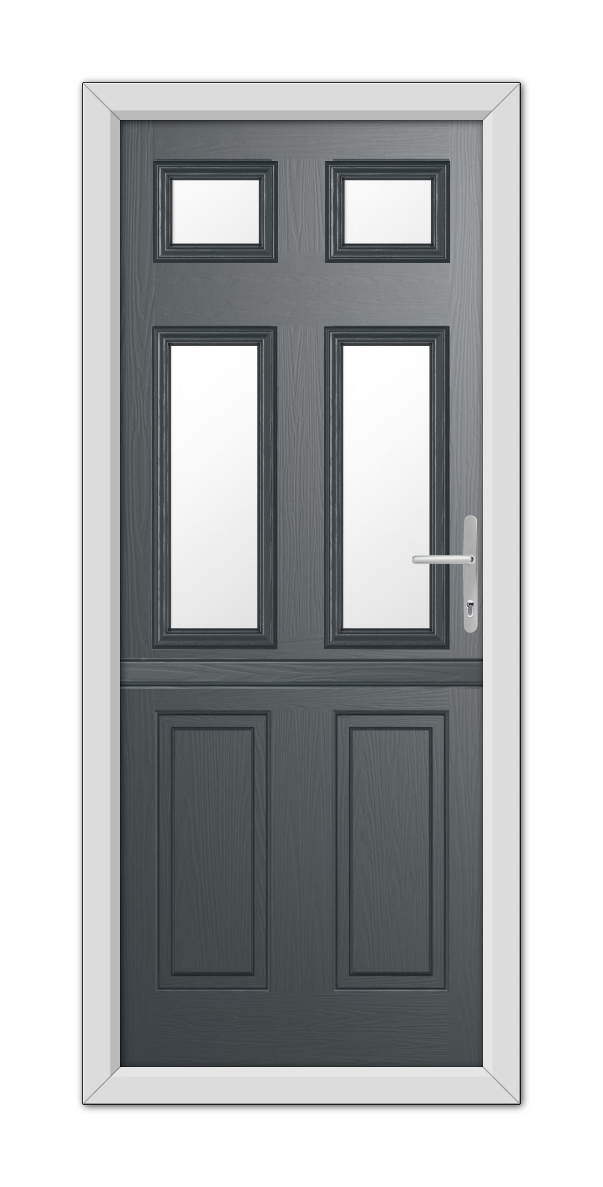 A modern Anthracite Grey Middleton Glazed 4 Stable Composite Door with four panels and three small square windows, set in a white frame, featuring a silver handle on the right.