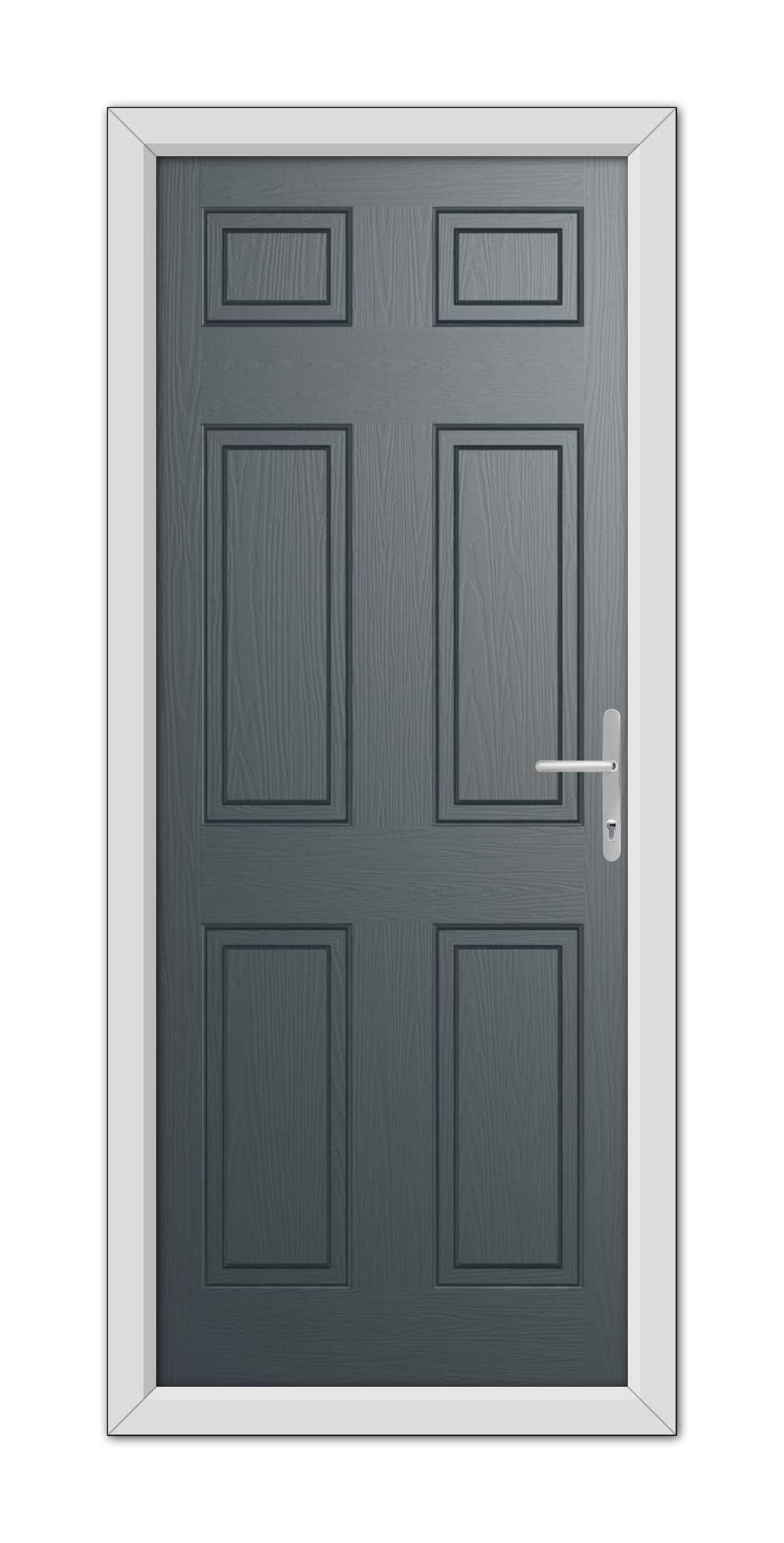 A modern Anthracite Grey Middleton Solid Composite door with six panels and a silver handle, set within a white frame.