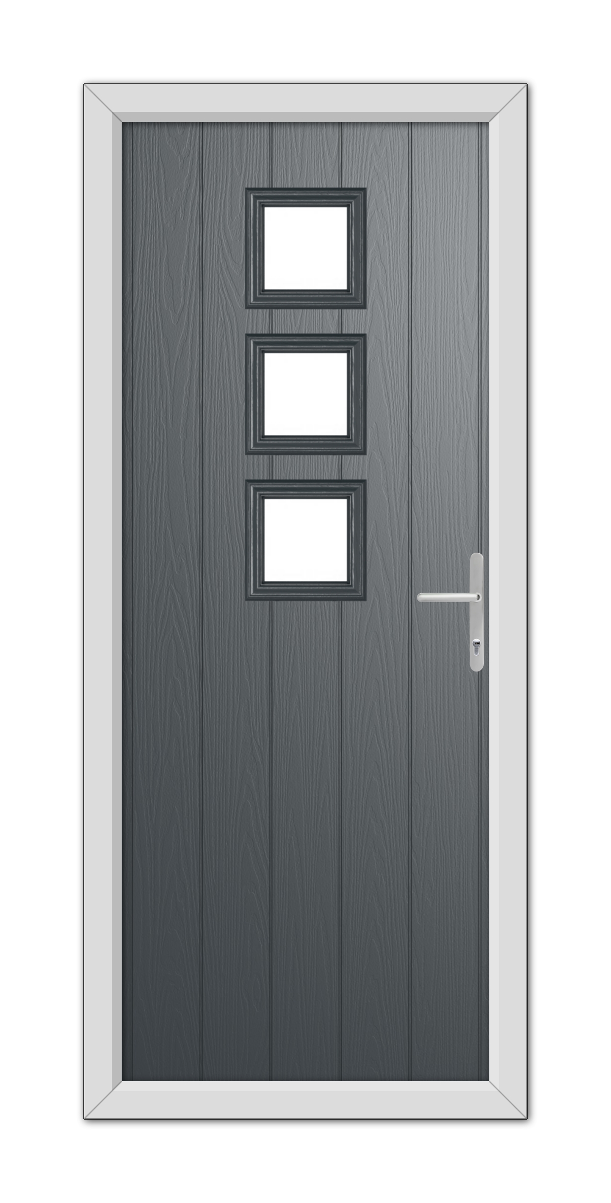 A modern Anthracite Grey Montrose Composite Door 48mm Timber Core with three rectangular glass panels and a silver handle, set within a light gray frame.