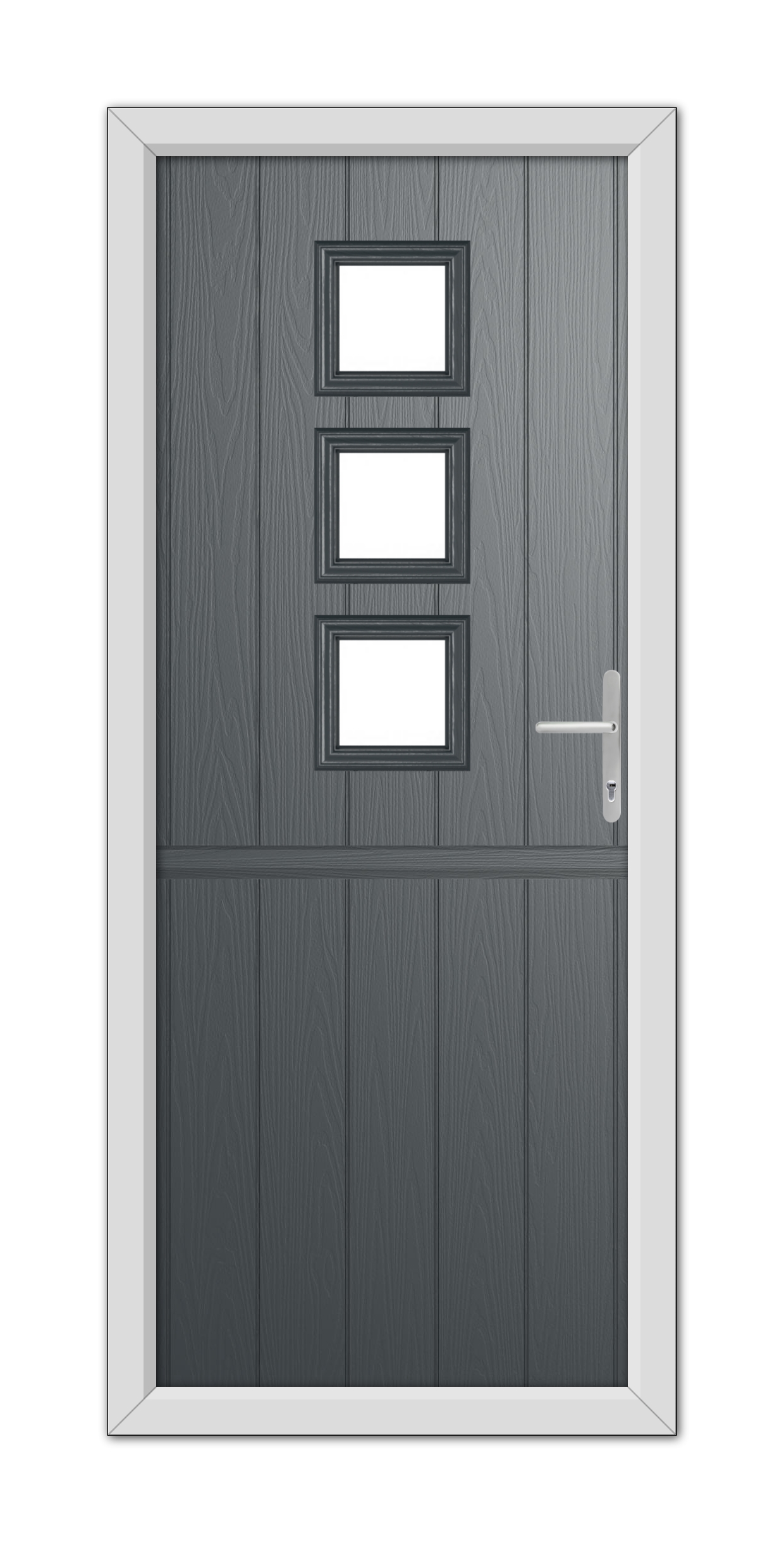 A modern Anthracite Grey Montrose Stable Composite Door 48mm Timber Core with three rectangular windows aligned vertically and a silver handle, set in a white frame.