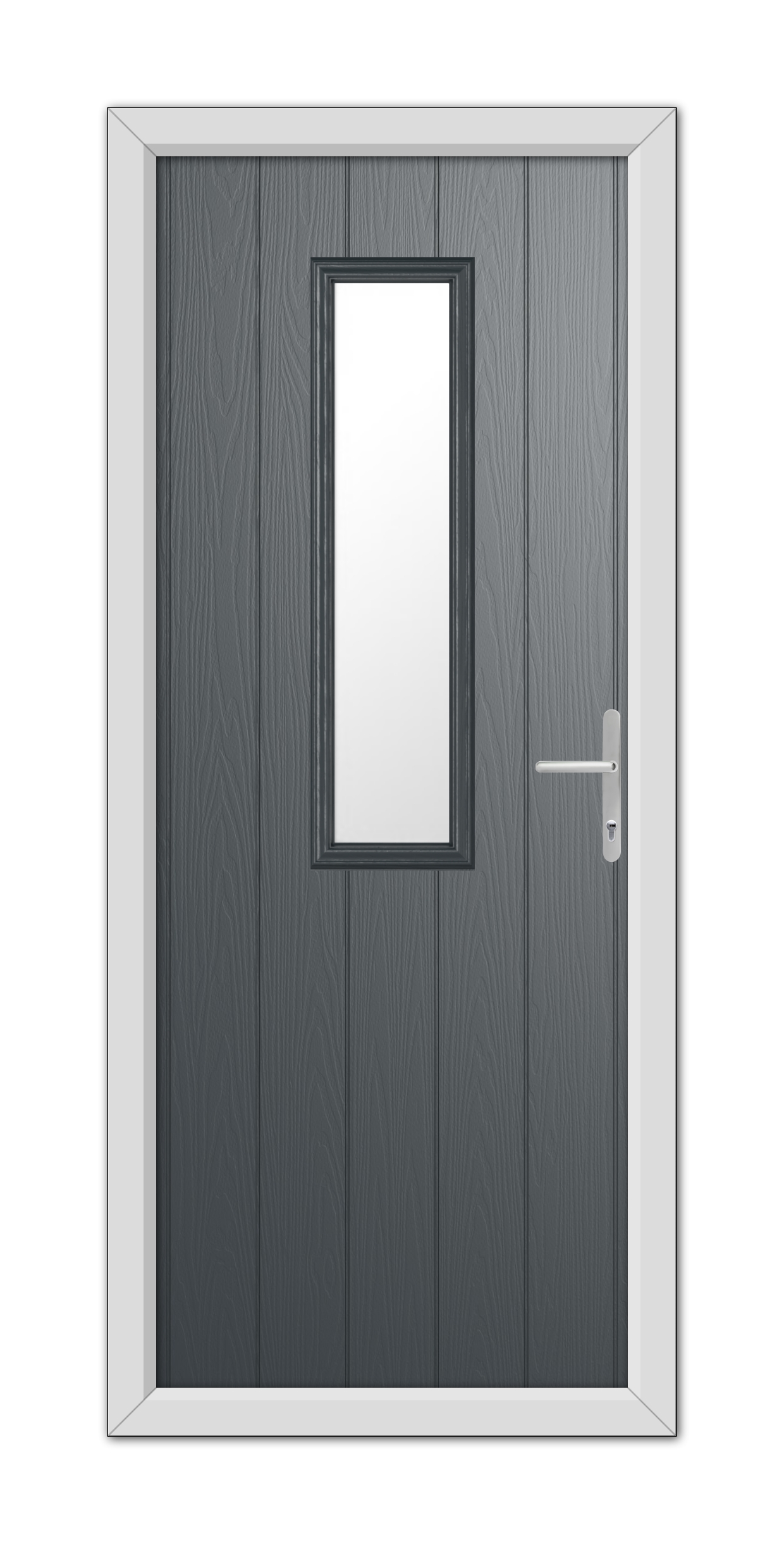 A modern Anthracite Grey Mowbray Composite Door 48mm Timber Core with a vertical rectangular window and a silver handle, set in a white frame.