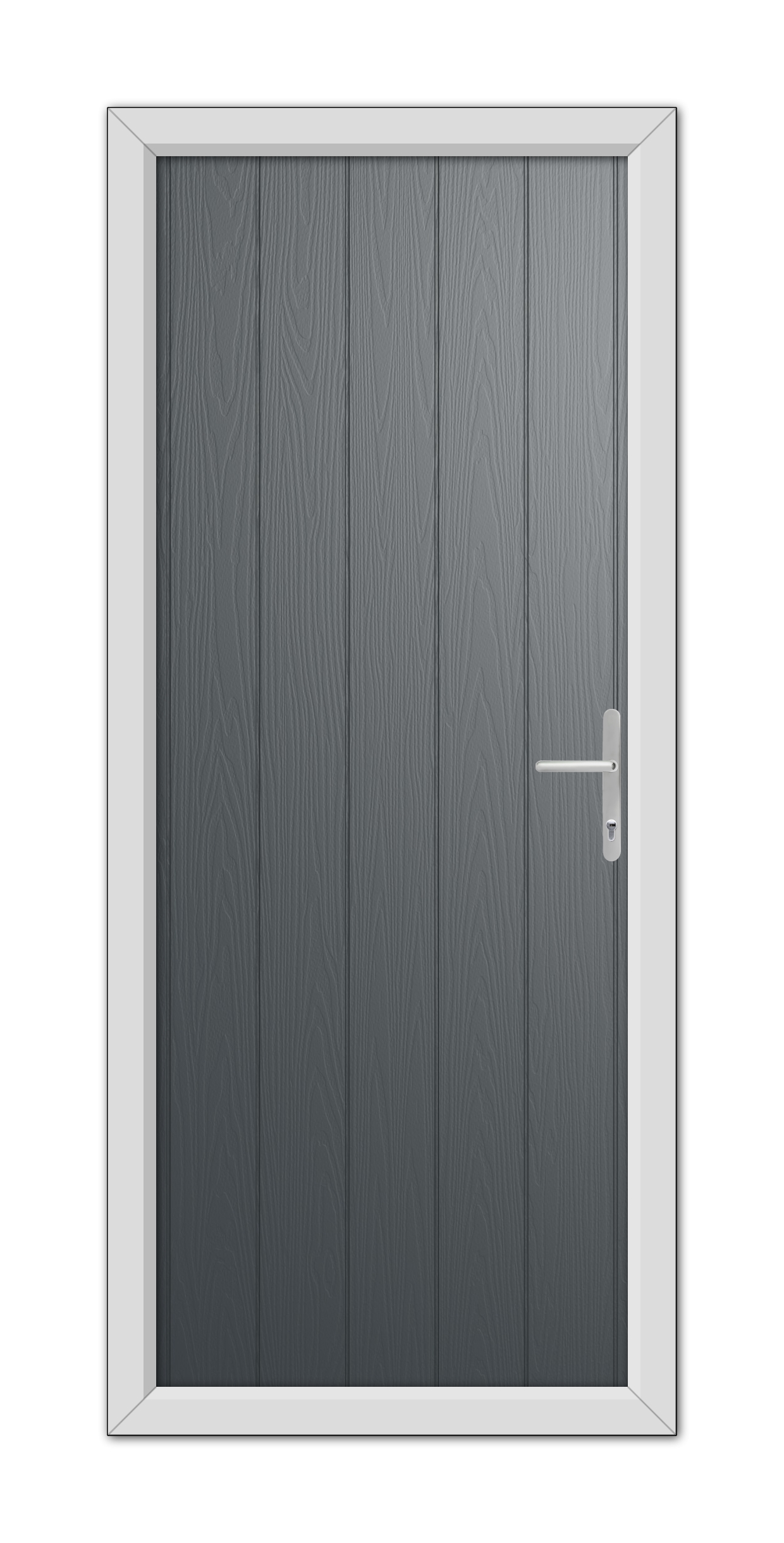 A modern Anthracite Grey Norfolk Solid Composite Door 48mm Timber Core with a silver handle, set within a simple white door frame.