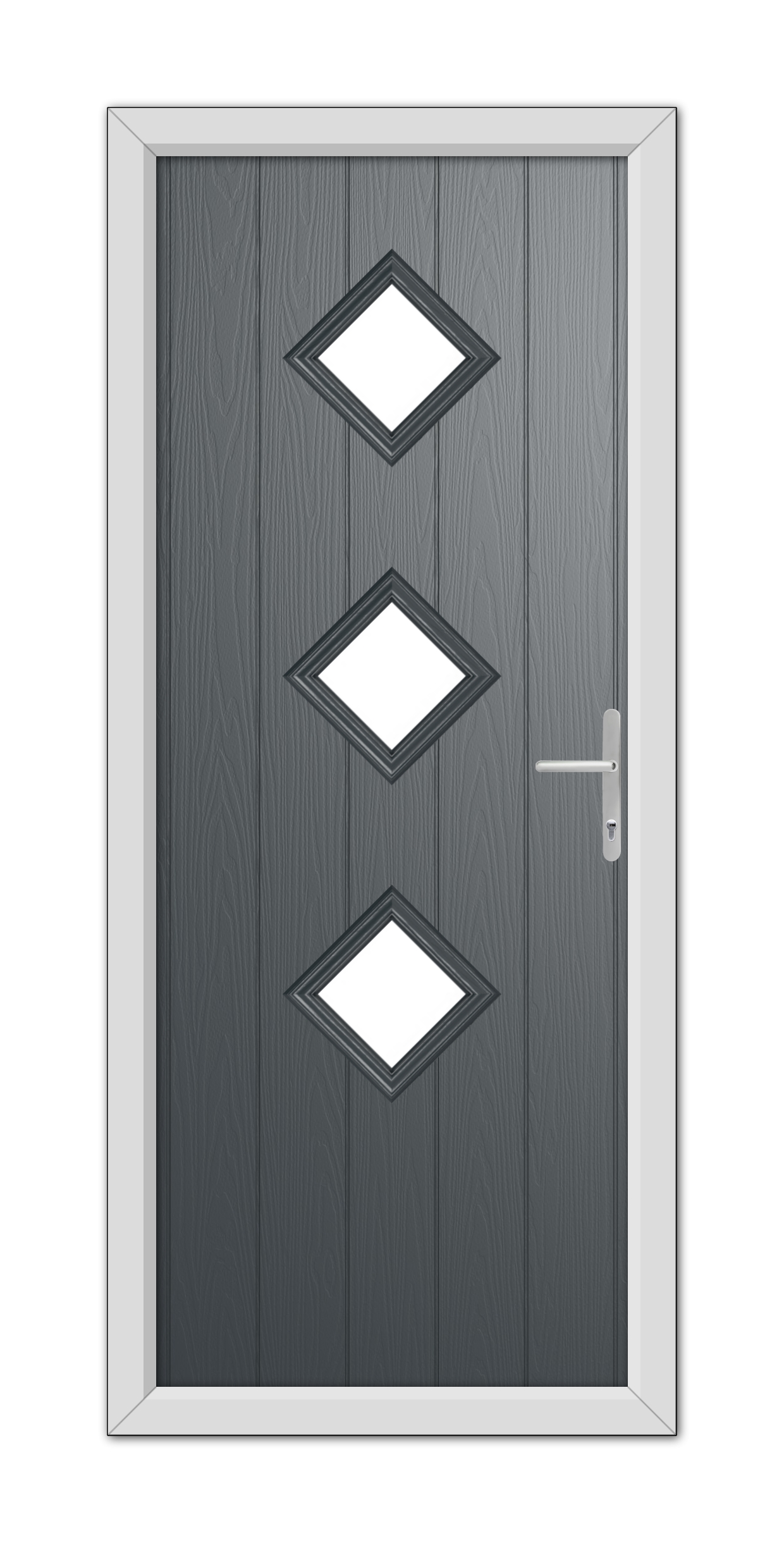 A modern Anthracite Grey Richmond Composite Door 48mm Timber Core featuring three diamond-shaped windows and a simple lever handle, all set within a white frame.