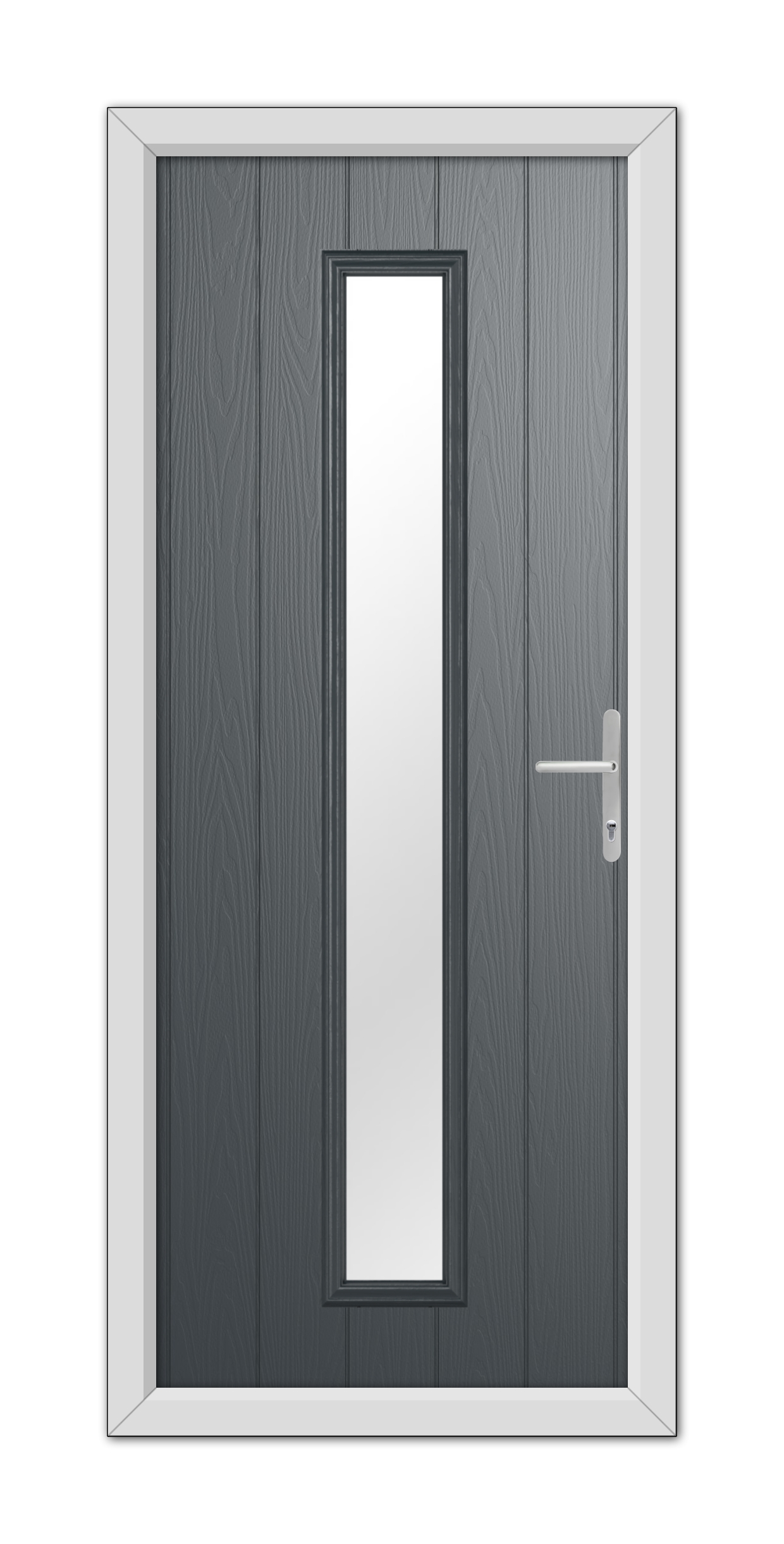 A modern Anthracite Grey Rutland Composite Door 48mm Timber Core with a vertical, rectangular glass panel and a silver handle, set within a white frame.