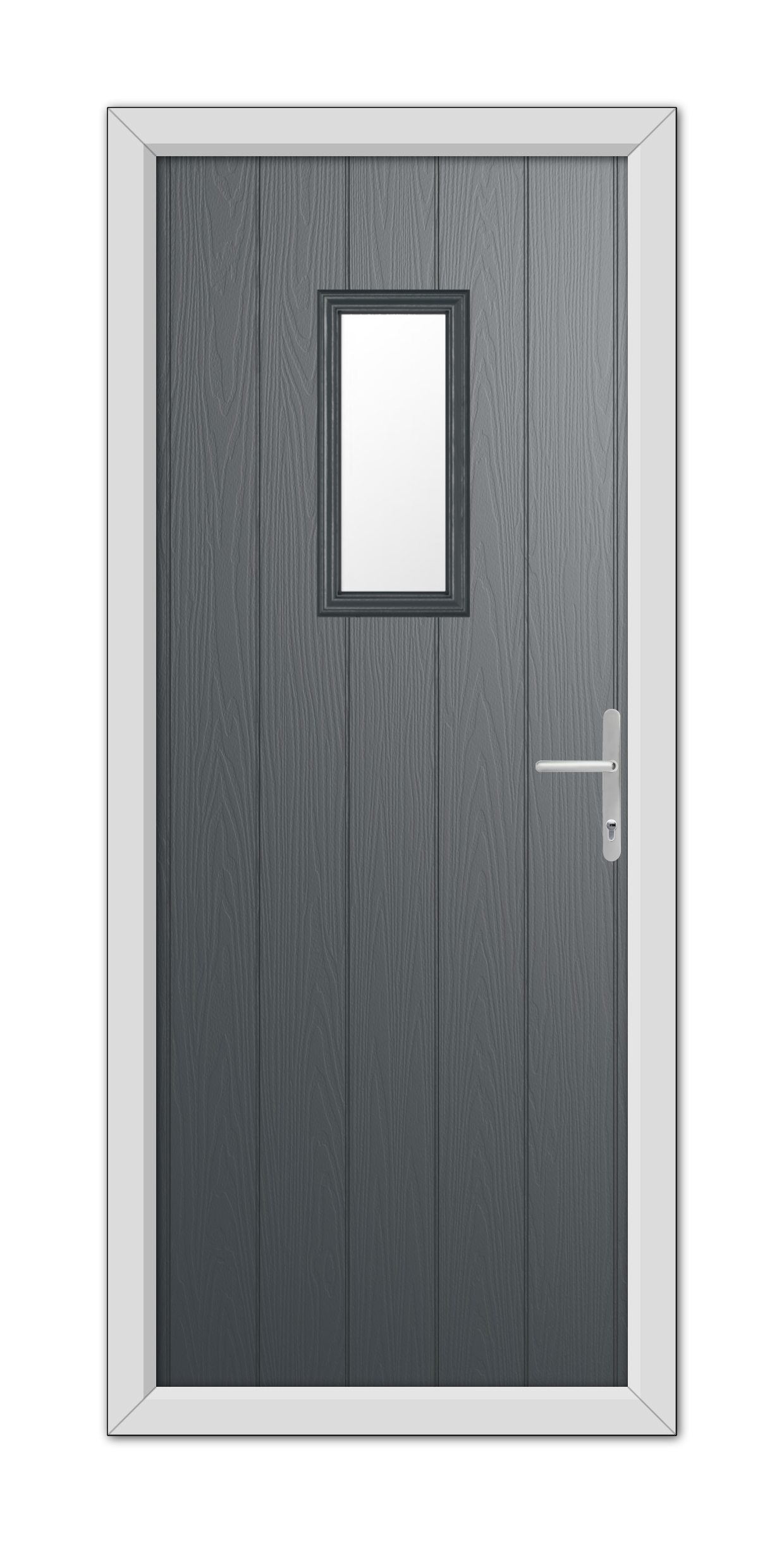 A modern Anthracite Grey Somerset Composite Door with a small square window and a silver handle, set within a white frame.