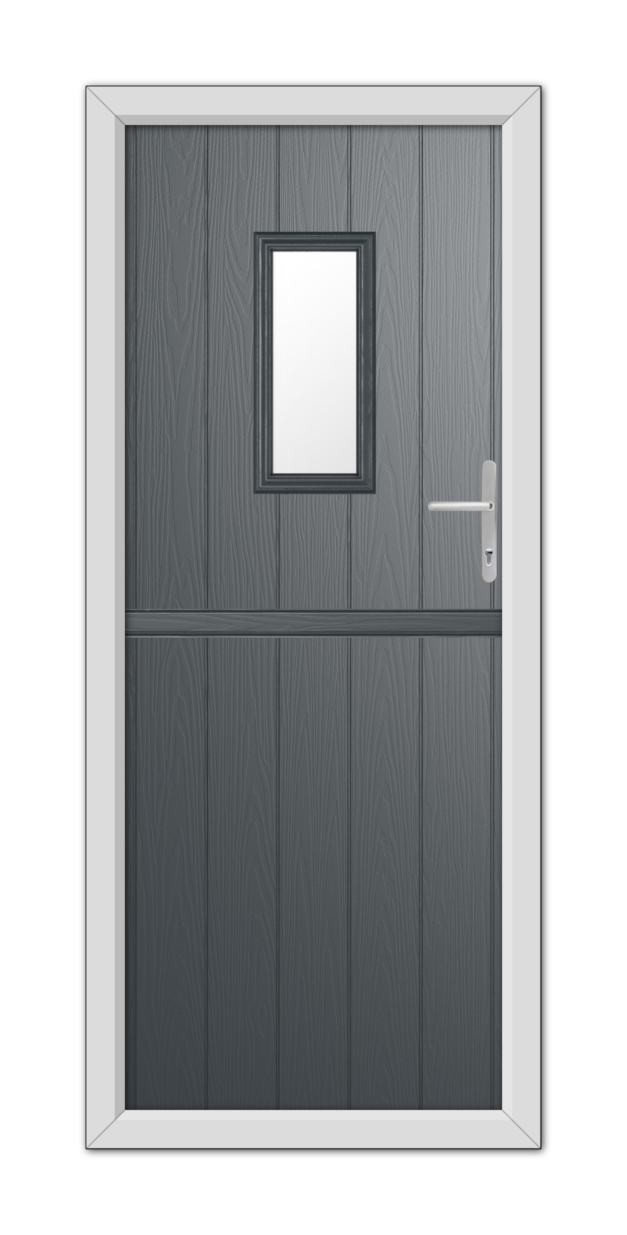 A modern Anthracite Grey Somerset Stable Composite Door 48mm Timber Core with a small square window and a metallic handle, set within a white frame.