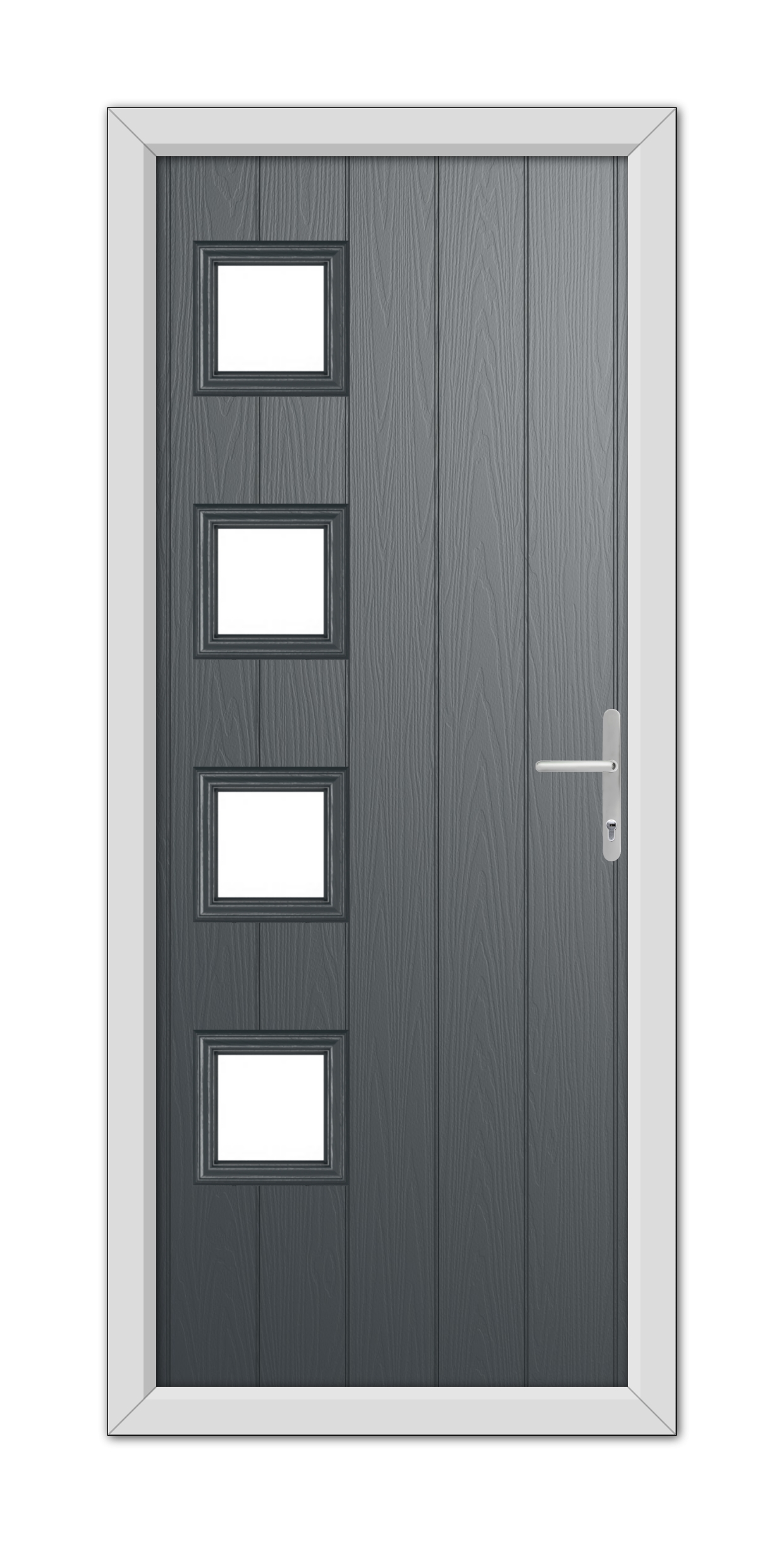 A modern Anthracite Grey Sussex Composite Door 48mm Timber Core featuring a vertical alignment of five rectangular glass panels and a metallic handle, set within a white frame.