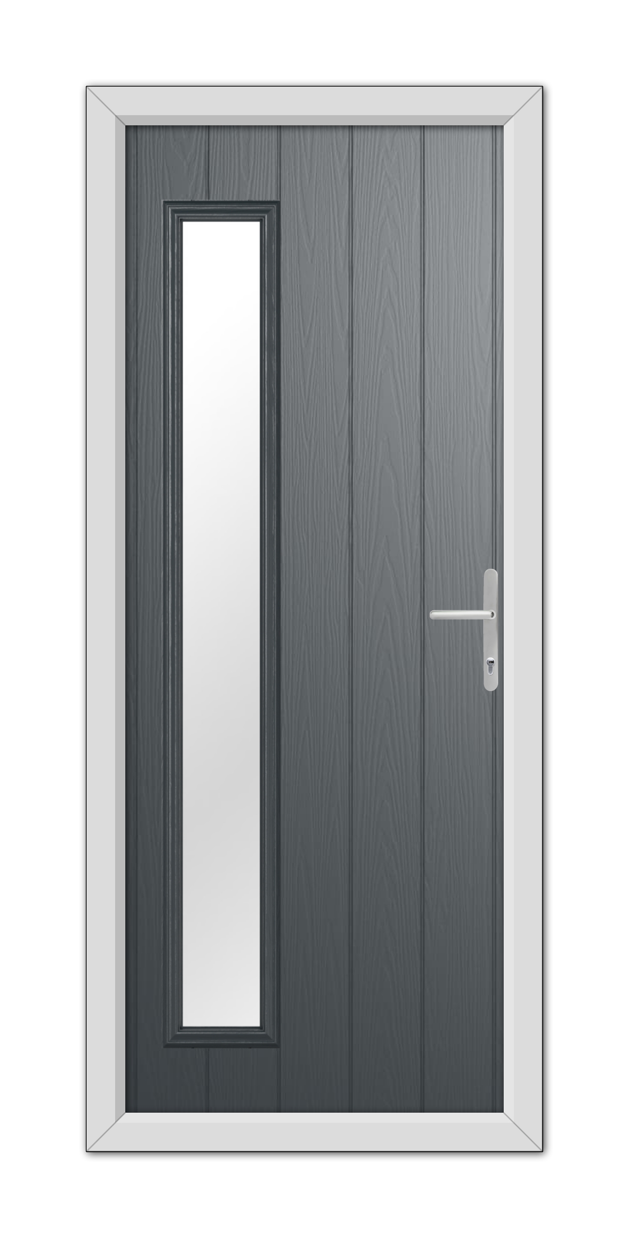 A modern Anthracite Grey Sutherland Composite Door 48mm Timber Core with a vertical, narrow window and a metallic handle, set within a white frame.