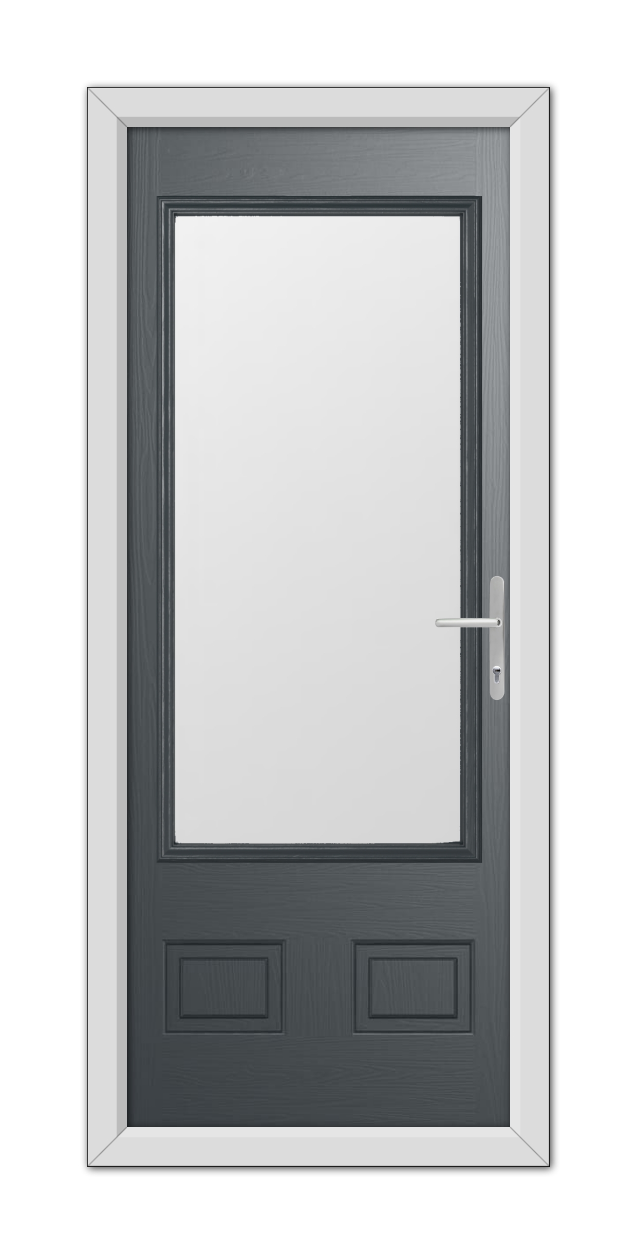 A modern, Anthracite Grey Walcot Composite Door 48mm Timber Core with a vertical handle, featuring a large rectangular frosted glass panel, set within a white frame.