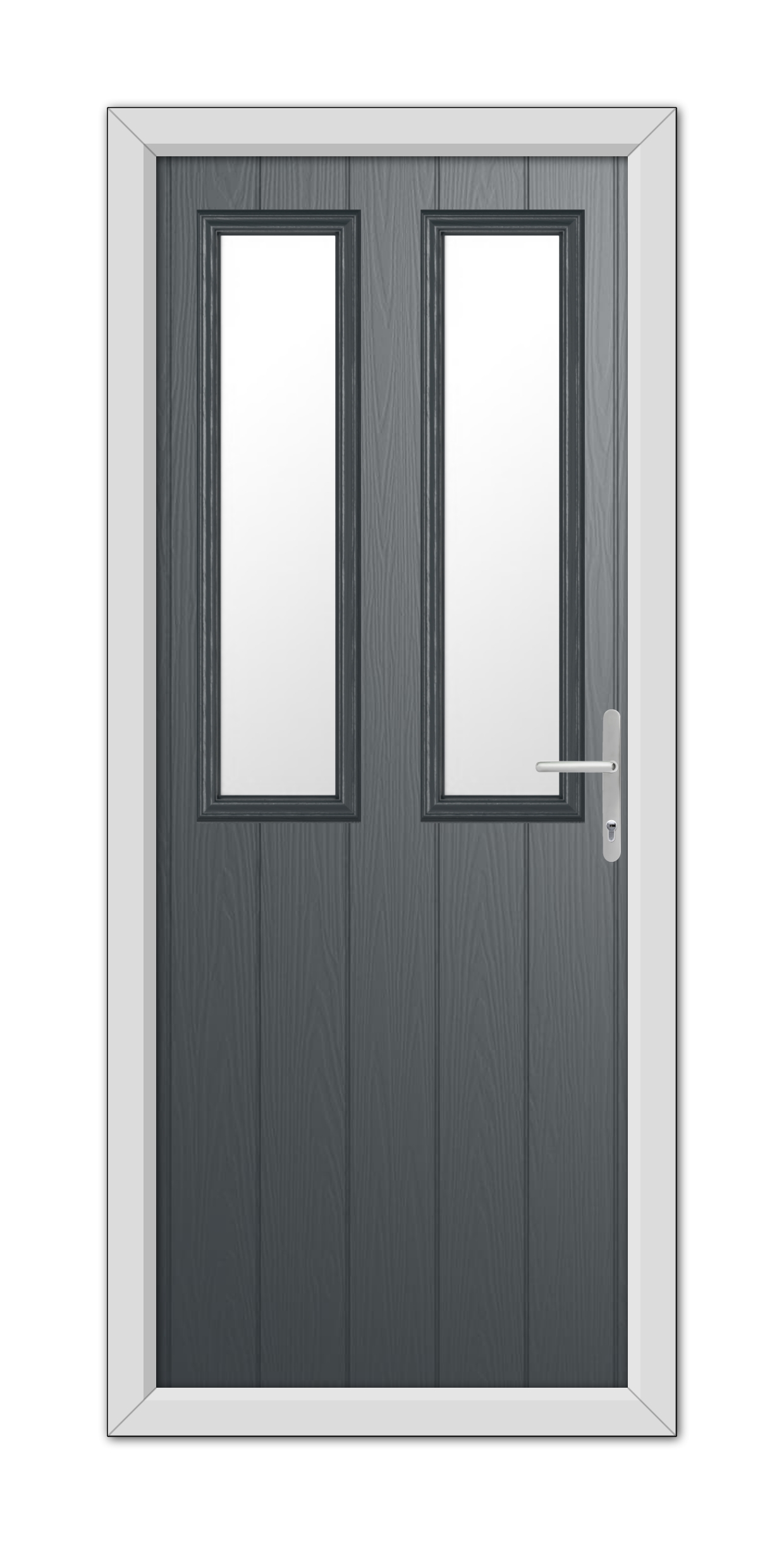 A modern anthracite grey double door with vertical rectangular glass panes and a silver handle, set within a white frame.