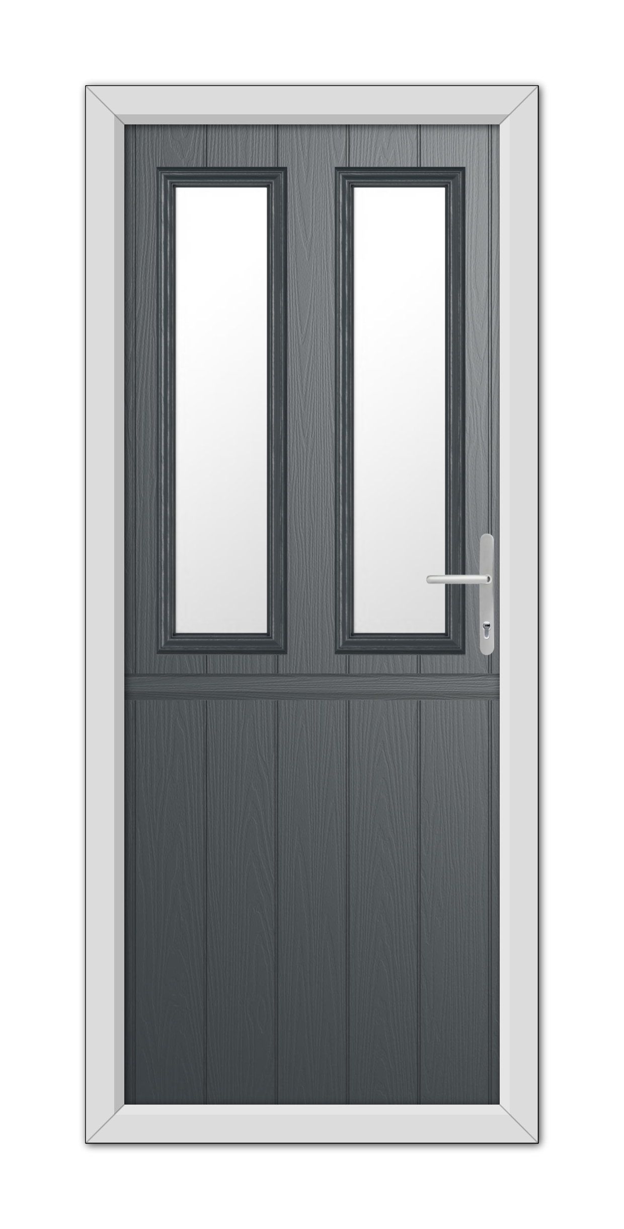 Anthracite Grey Wellington Stable Composite Door 48mm Timber Core with a grey wood texture, featuring two vertical glass panels and a modern handle, set within a white frame.
