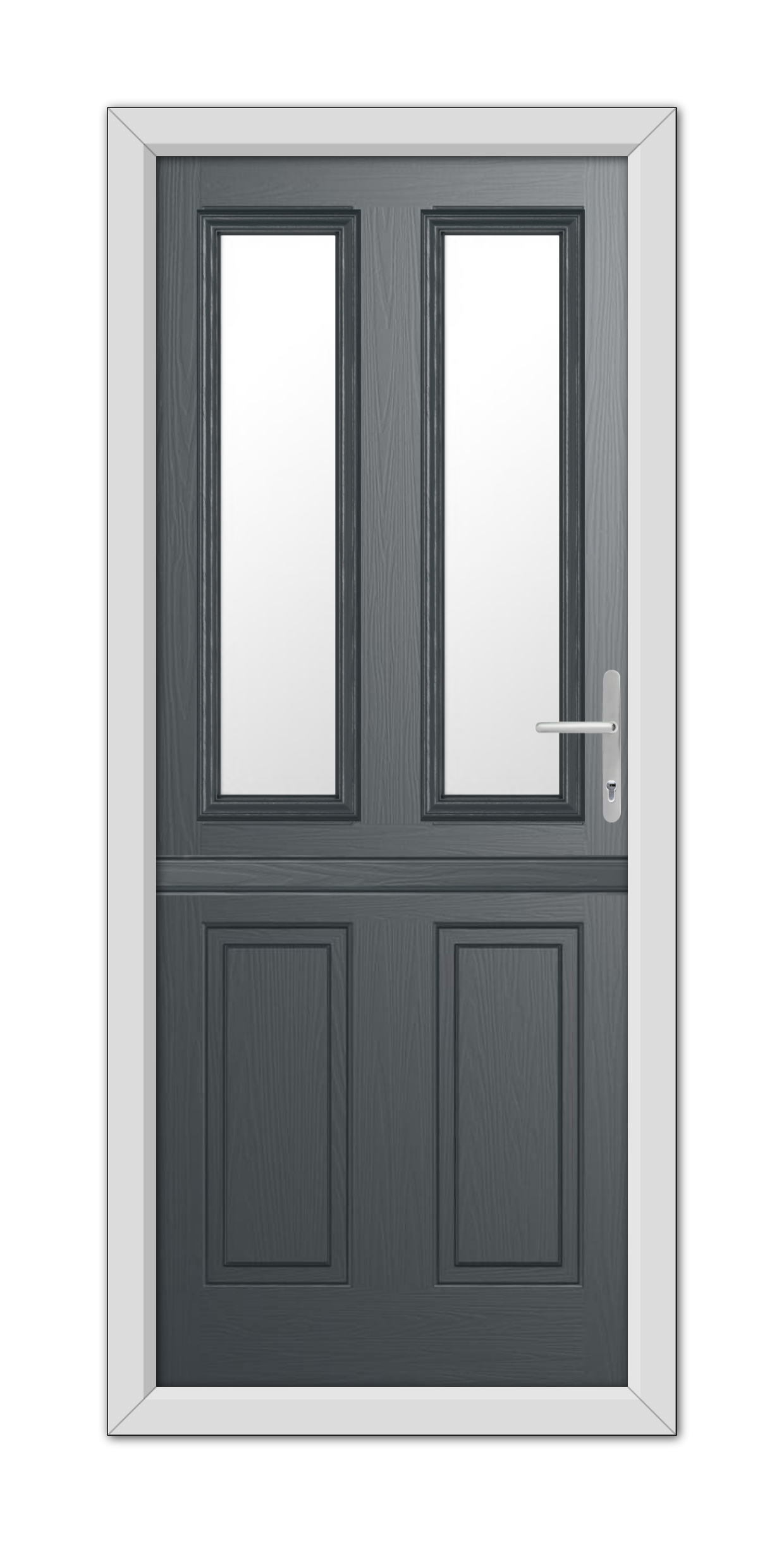 A modern Anthracite Grey Whitmore Stable Composite Door 48mm Timber Core with glass windows and a white frame, featuring a silver handle on the right.