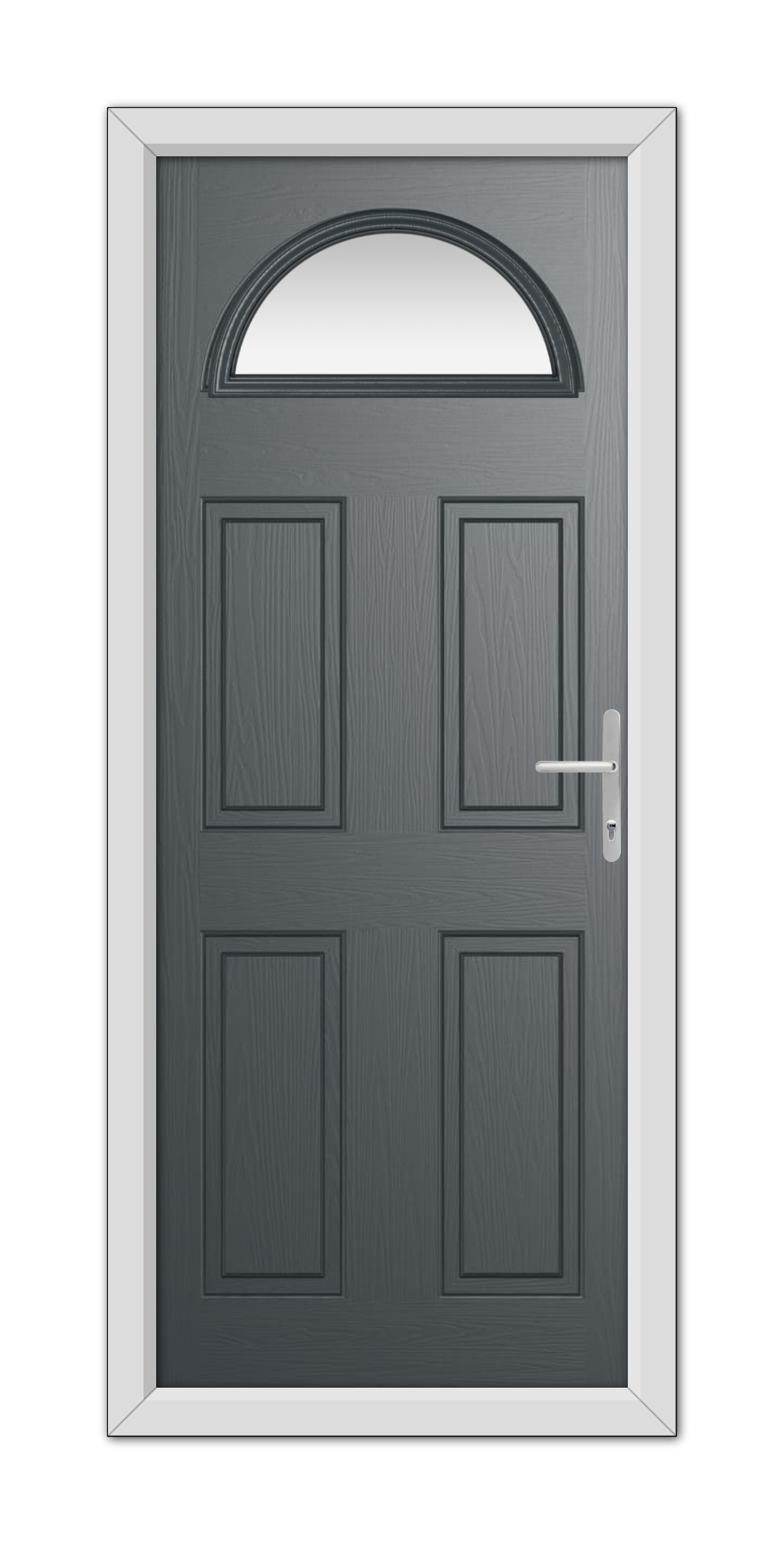 A modern Anthracite Grey Winslow 1 Composite Door 48mm Timber Core with six panels and a semi-circular window at the top, set in a white frame with a metal handle.