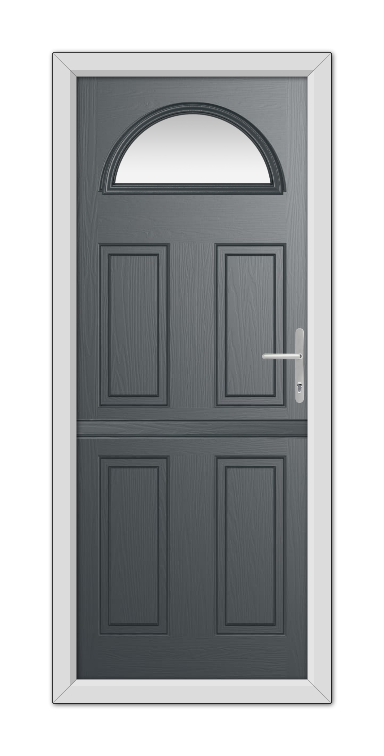 A modern Anthracite Grey Winslow 1 Stable Composite Door with six panels and an arched window at the top, set in a white frame with a metallic handle on the right.