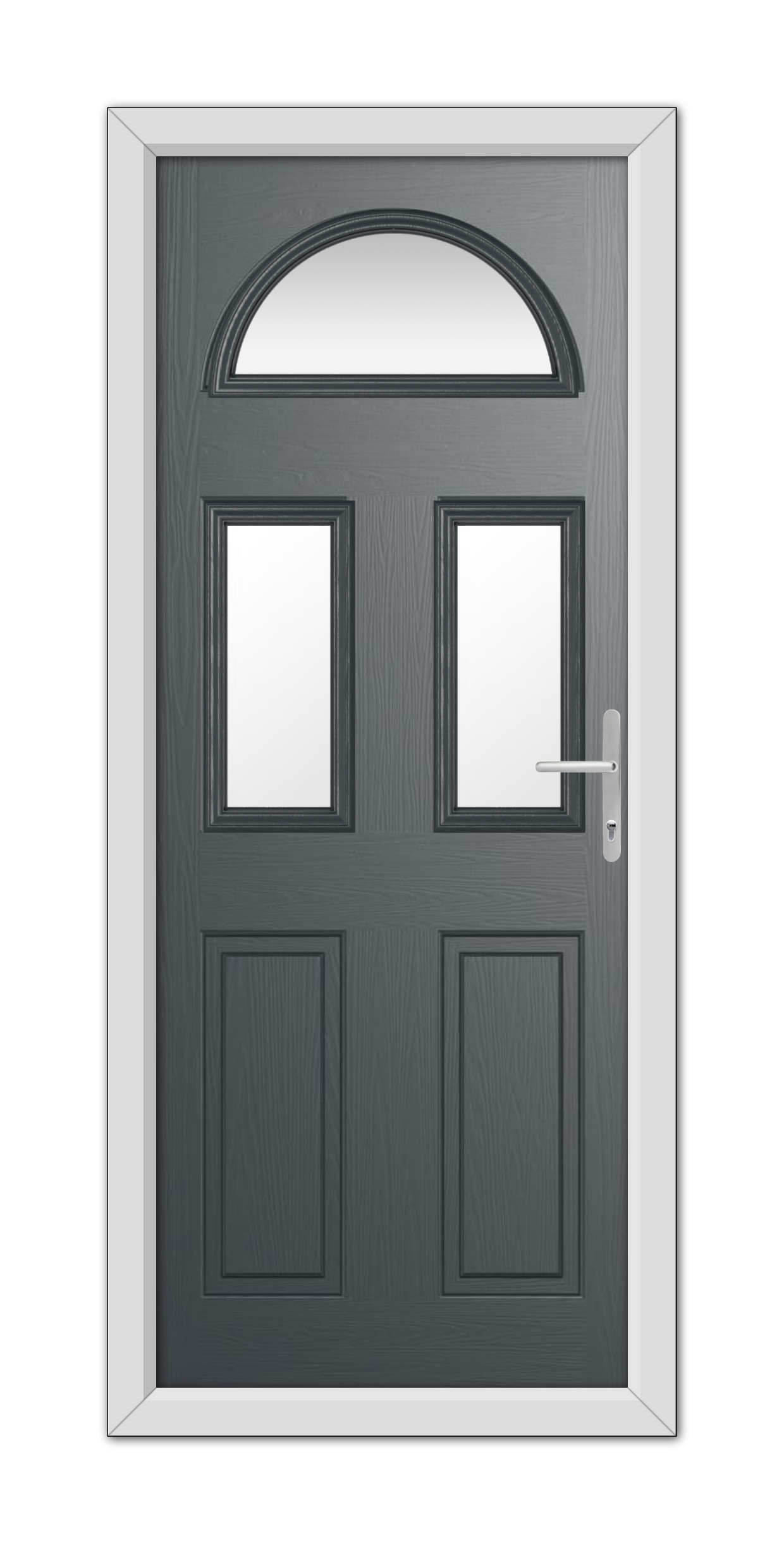 A modern Anthracite Grey Winslow 3 Composite Door 48mm Timber Core with a semi-circular window at the top and two square windows, featuring a silver handle, set within a white frame.