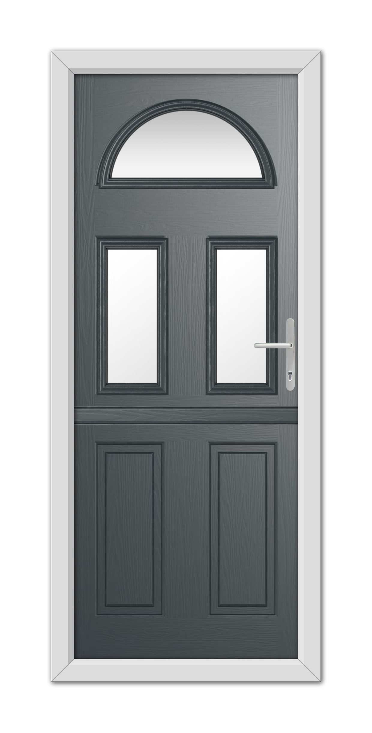 A modern Anthracite Grey Winslow 3 Stable Composite Door 48mm Timber Core with an arched window at the top and two rectangular panels, each with a smaller window, set in a white frame.