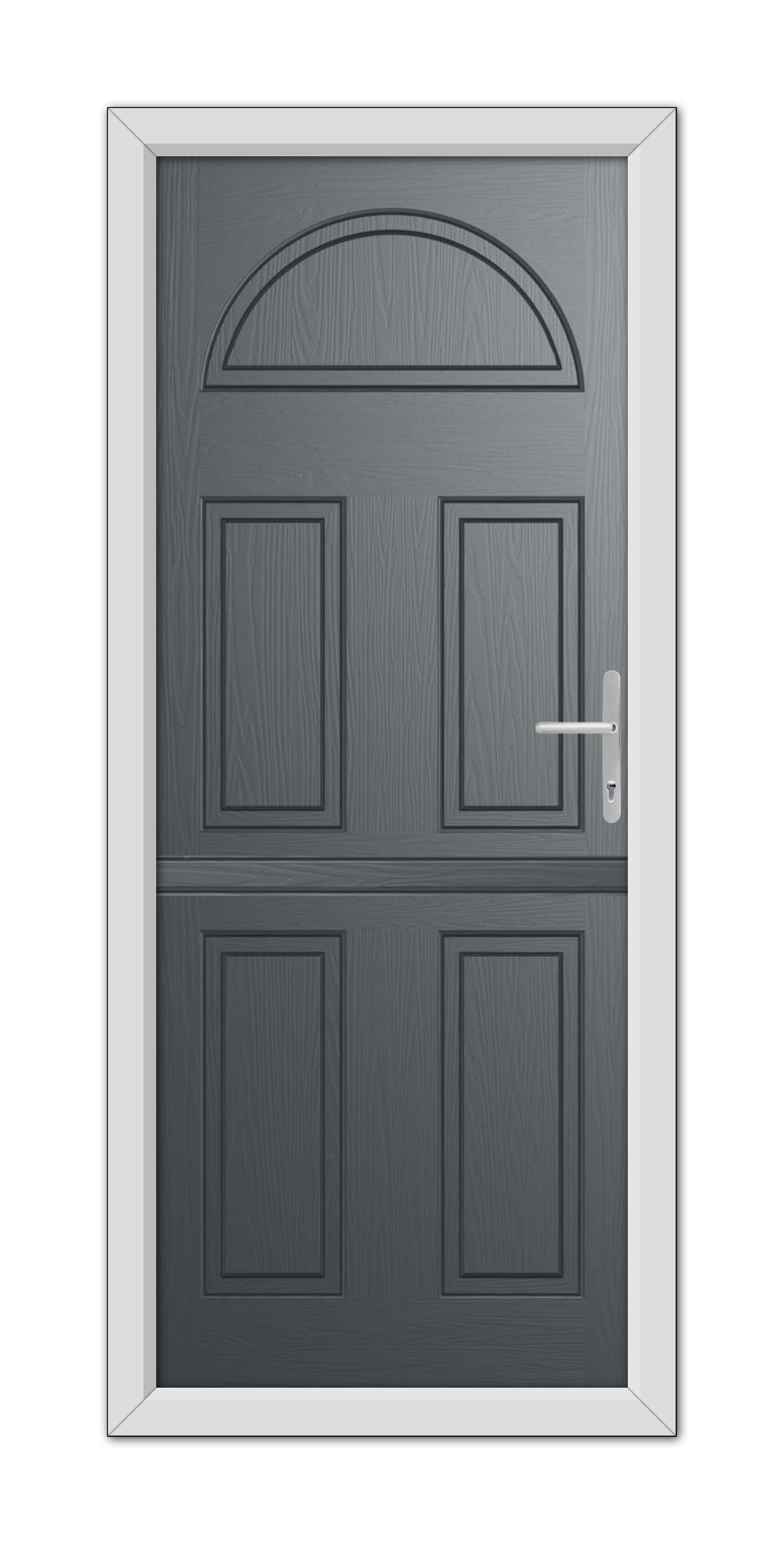 A modern Anthracite Grey Winslow Solid Stable Composite Door 48mm Timber Core with six panels, a semi-circular window at the top, and a silver handle, set within a white frame.