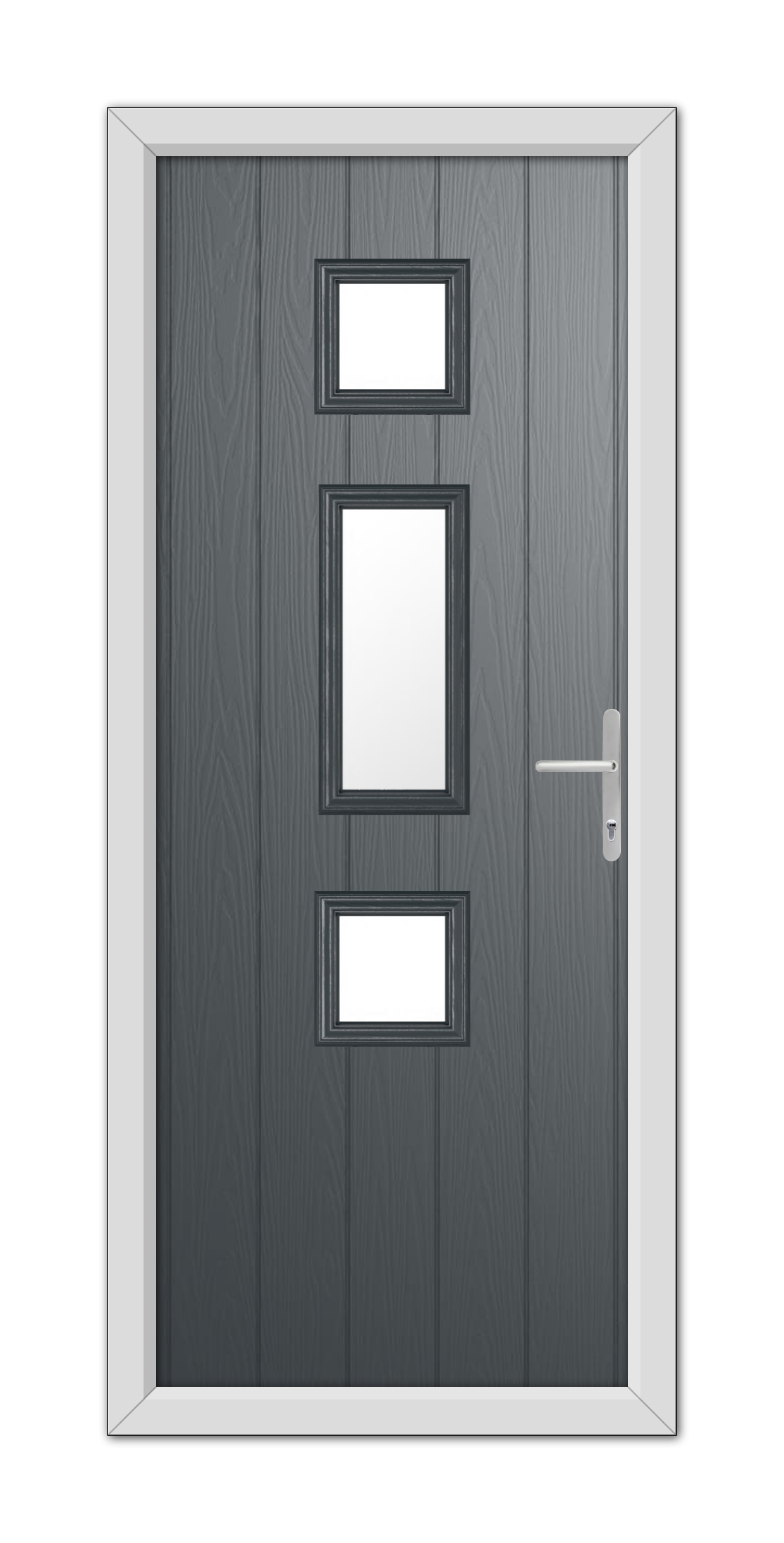 A modern Anthracite Grey York Composite Door 48mm Timber Core with a white frame, featuring three rectangular glass panels and a metallic handle.