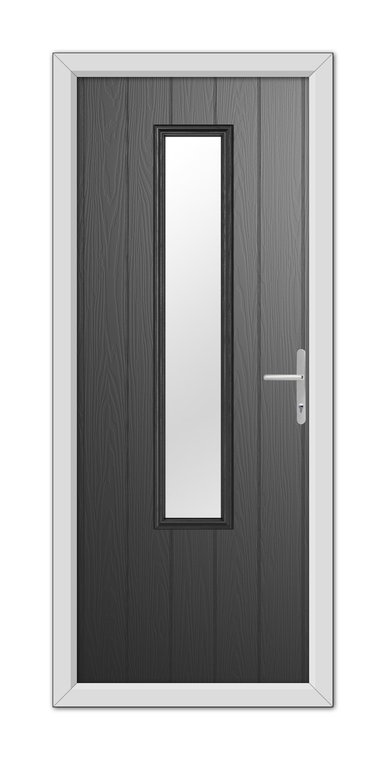 A modern Black Abercorn Composite Door 48mm Timber Core with a vertical rectangular glass pane, featuring a metallic handle and a white frame.