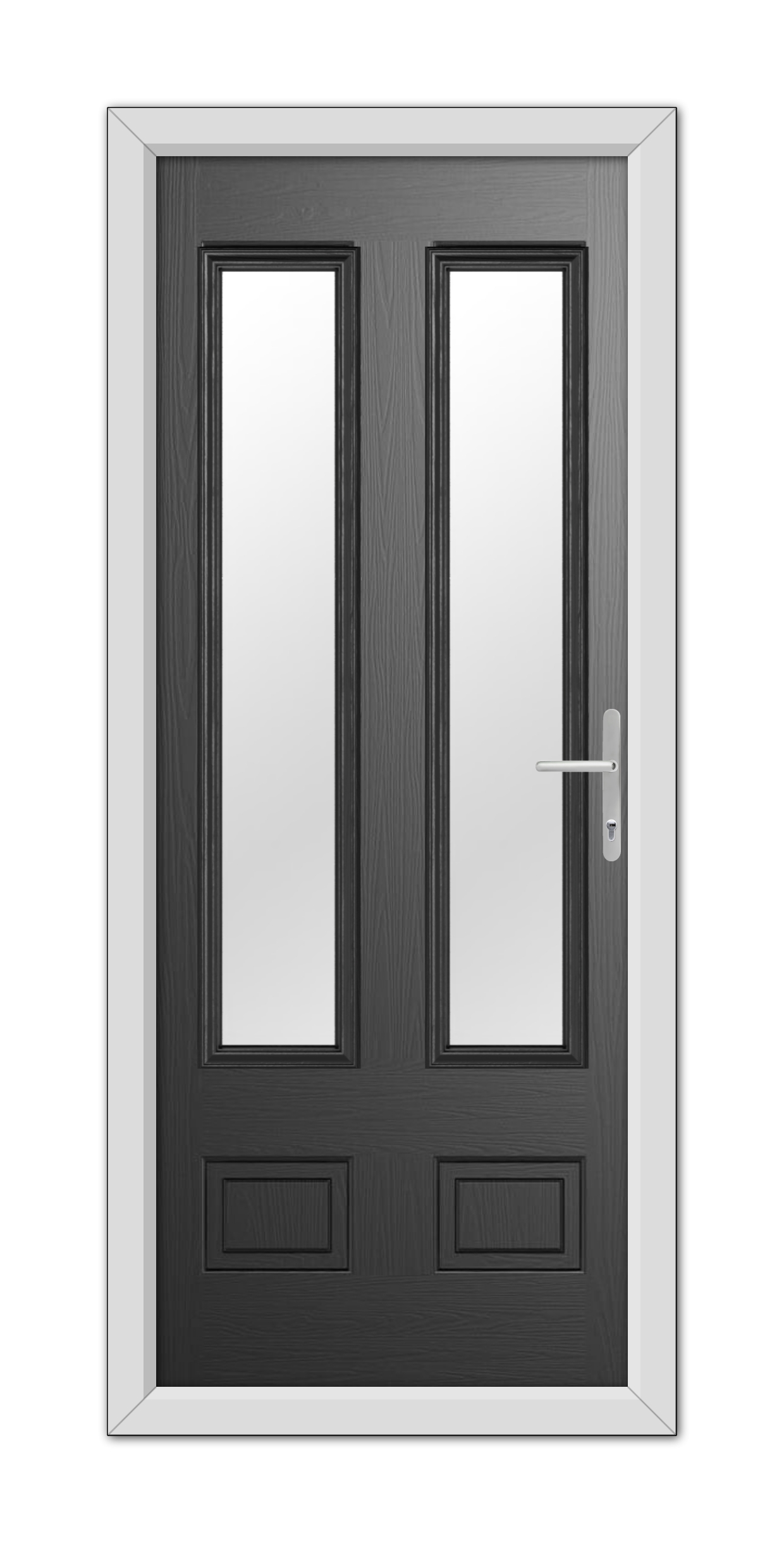 Double door with a sleek Black Aston Glazed 2 Composite Door 48mm Timber Core design and vertical rectangular windows, featuring a modern handle on the right side.