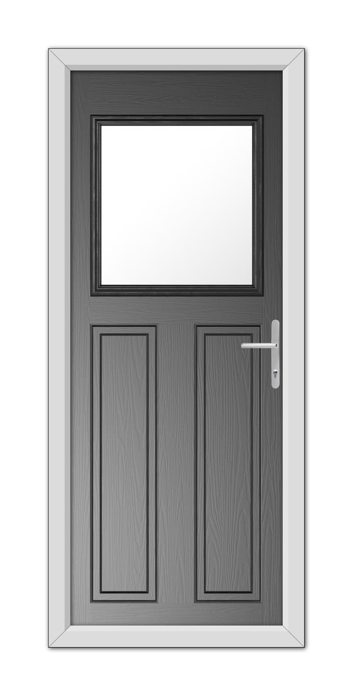 A Black Axwell Composite Door 48mm Timber Core with a rectangular window at the top and a metal handle on the right side, set within a white frame.