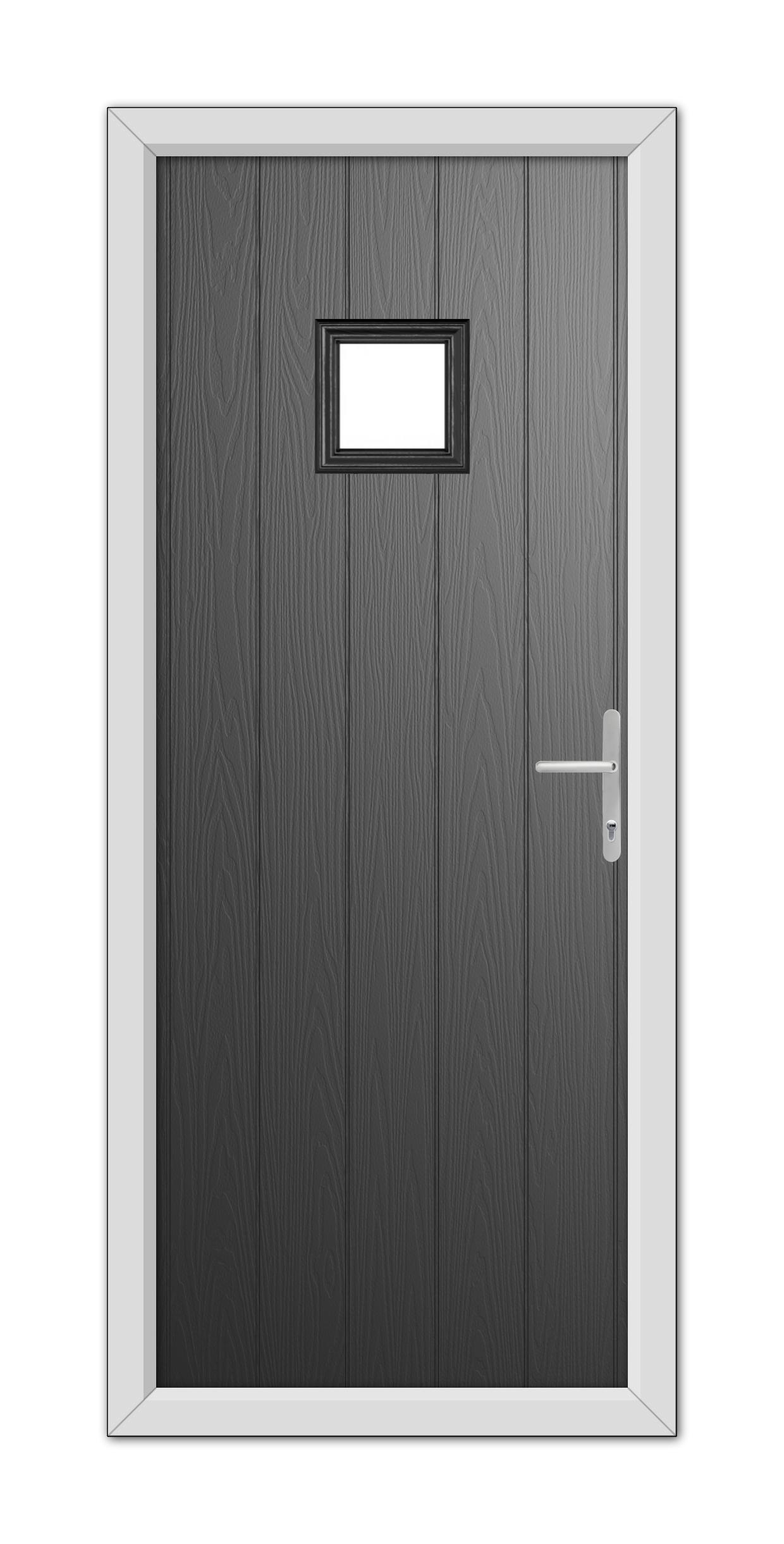 A modern, Black Brampton Composite Door 48mm Timber Core with a small rectangular window at the top, featuring a metallic handle and framed in white.