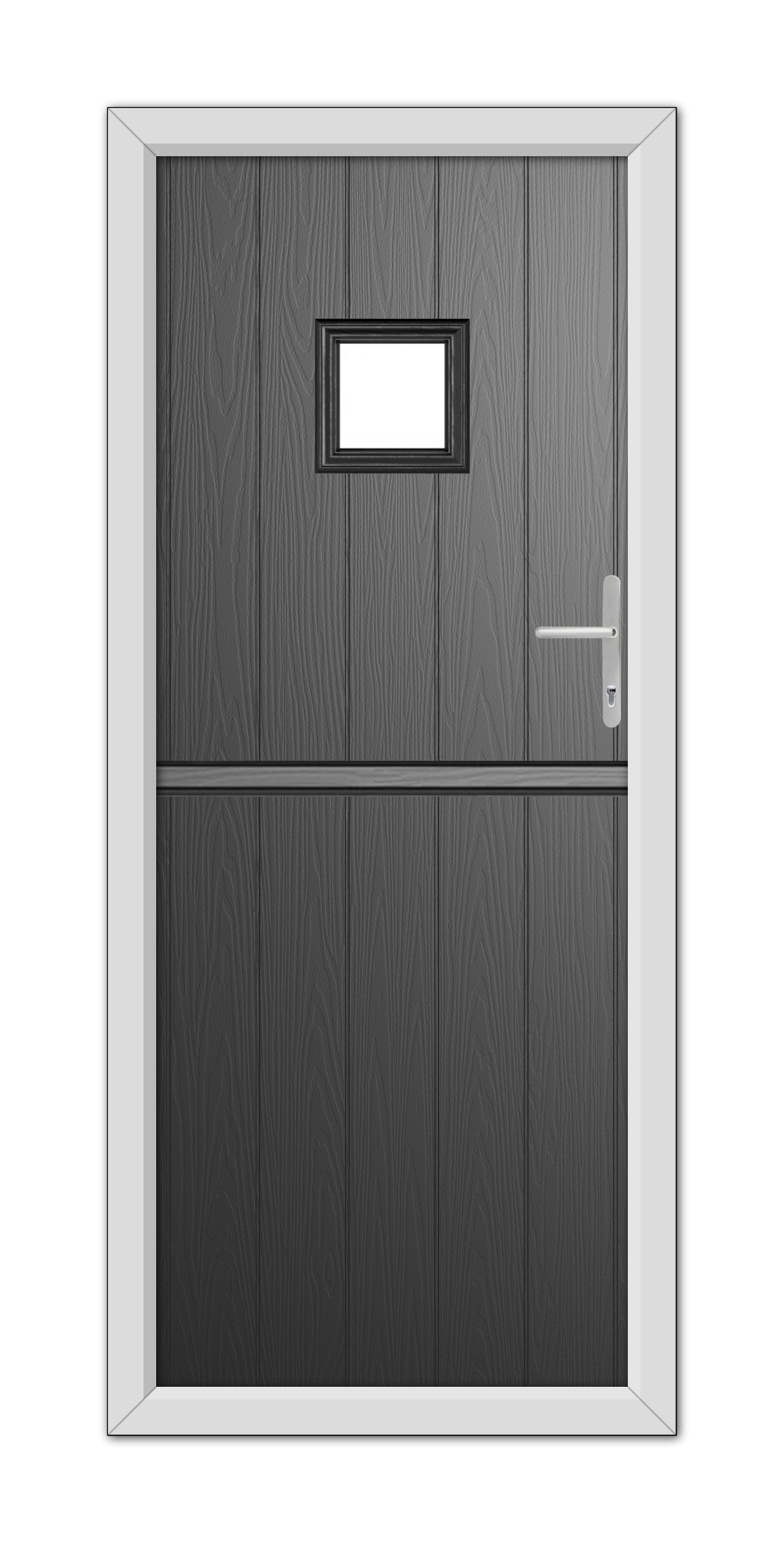 A modern, Black Brampton Stable Composite Door 48mm Timber Core with a small square window, located in a white frame.