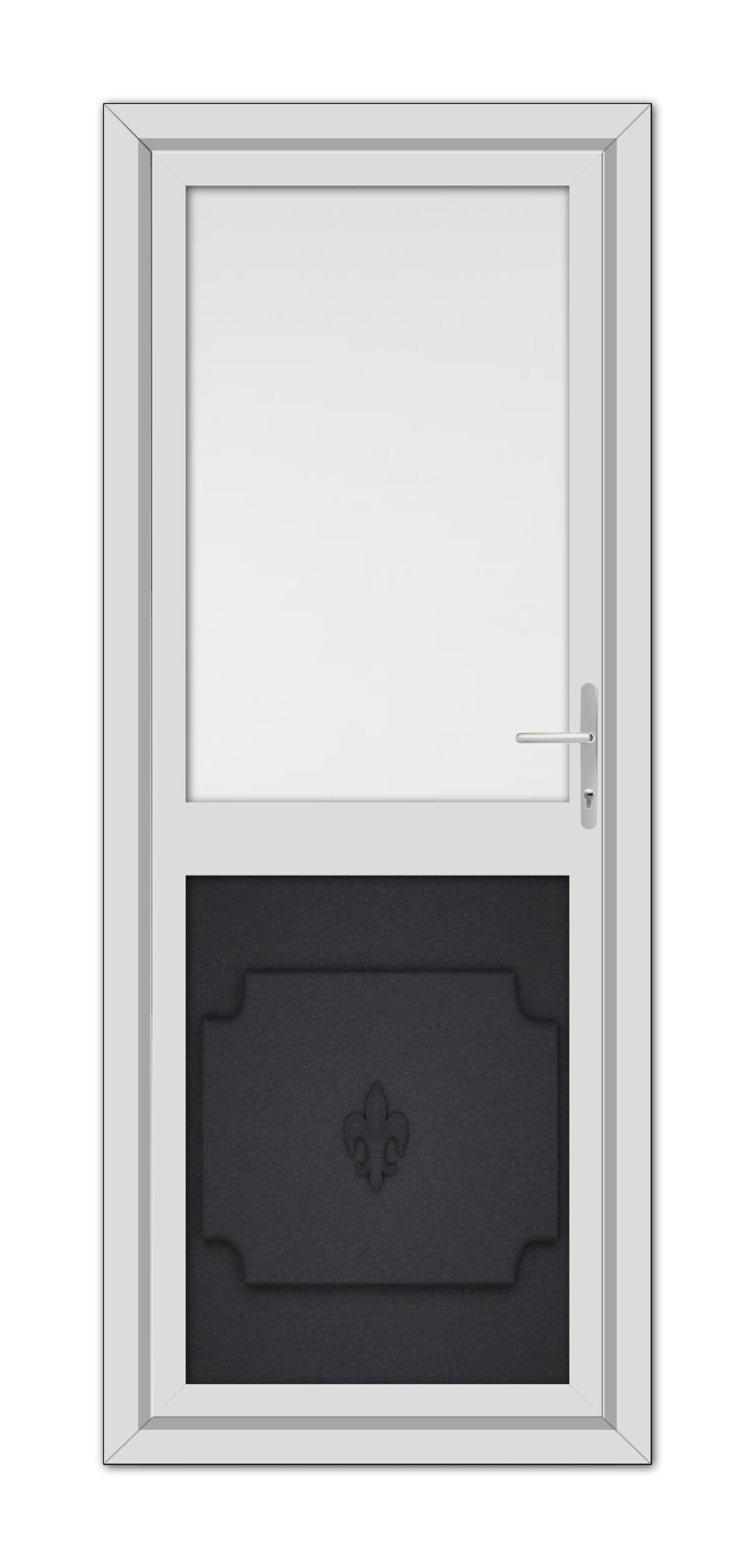 A modern white door with a silver handle, featuring a large glass pane on top and a decorative Black Brown Abbey Half uPVC Back Door with a fleur-de-lis design on the bottom.