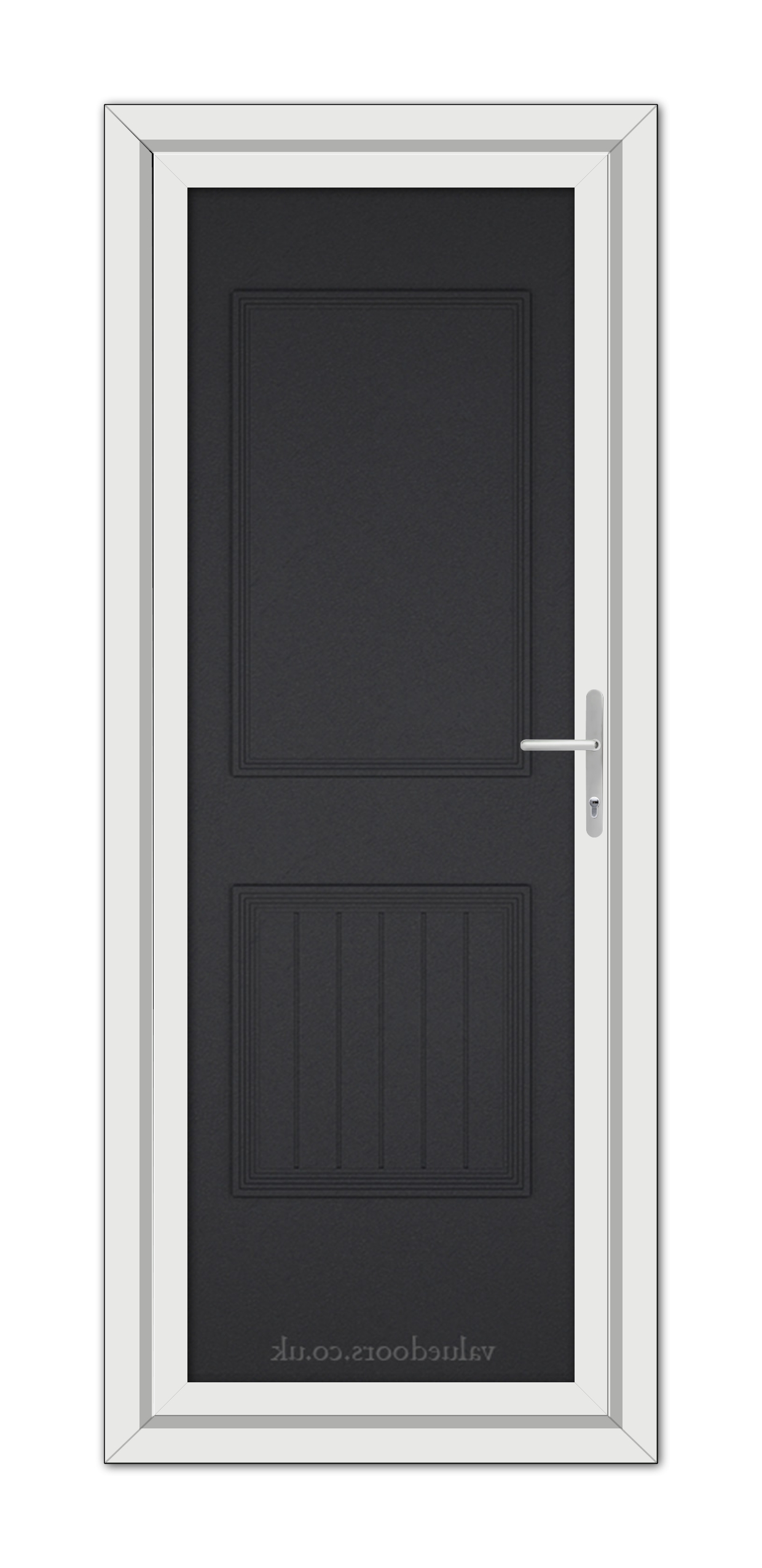 A vertical image of a closed, modern Black Brown Alnwick One Solid uPVC Door with a silver handle, set within a white door frame, viewed from the front.
