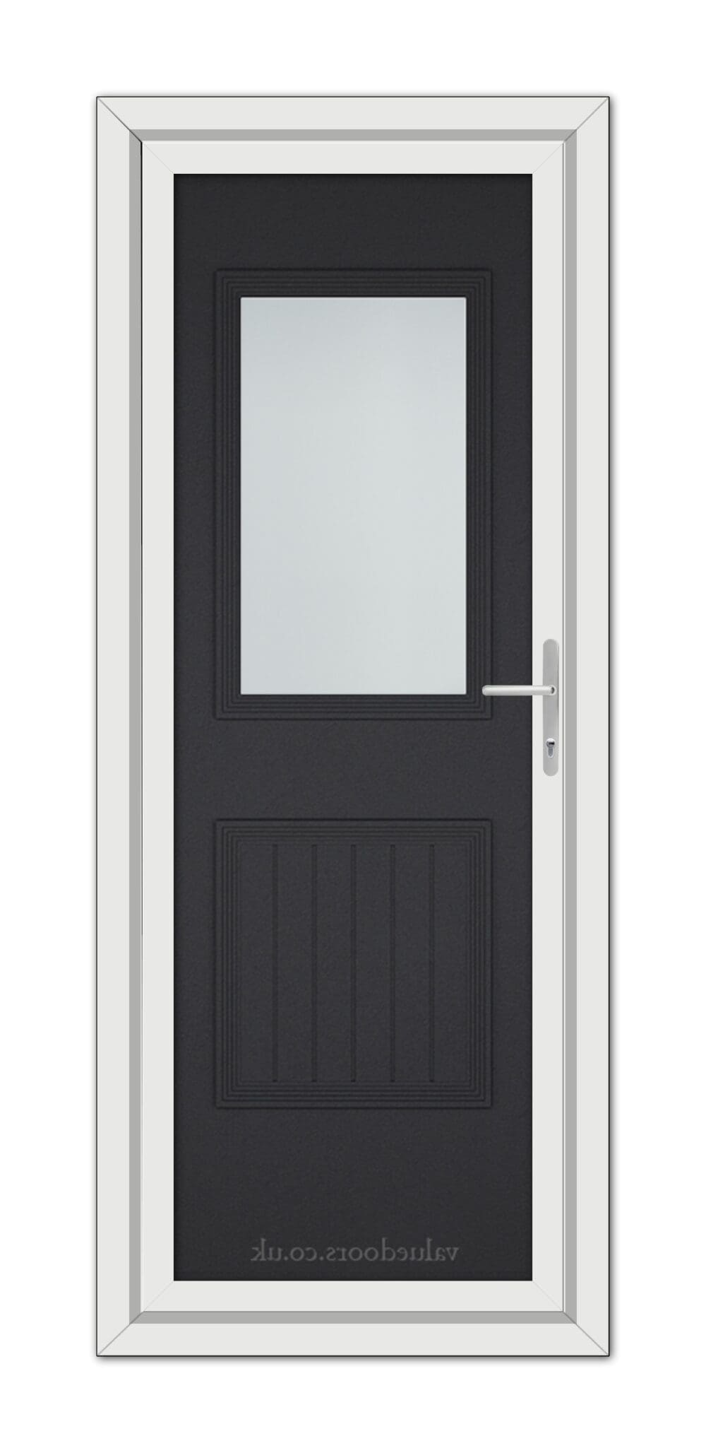 A modern black brown Alnwick One uPVC door with a vertical window, silver handle, and white frame, viewed from the front.
