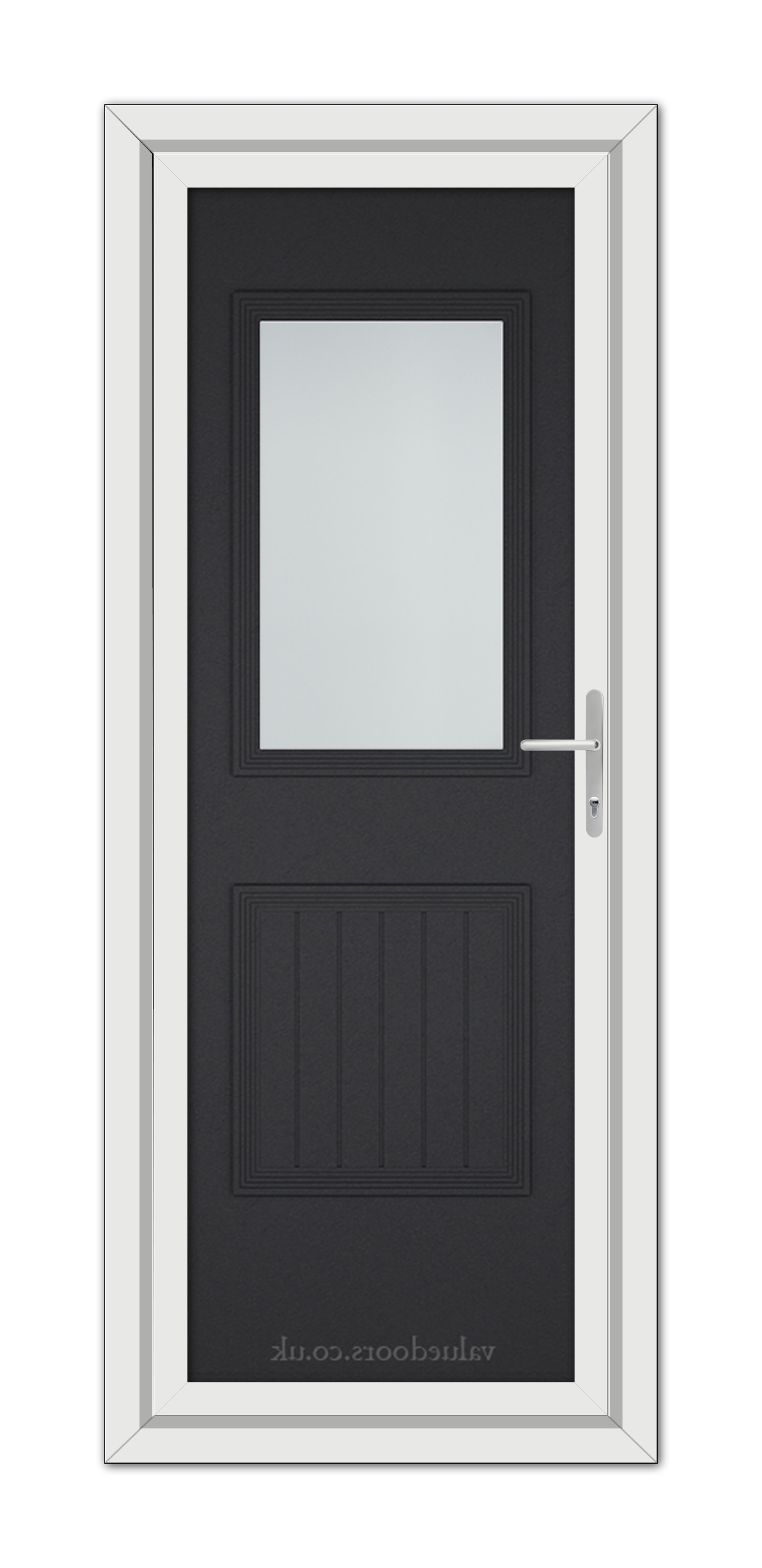 A modern black brown Alnwick One uPVC door with a vertical window, silver handle, and white frame, viewed from the front.
