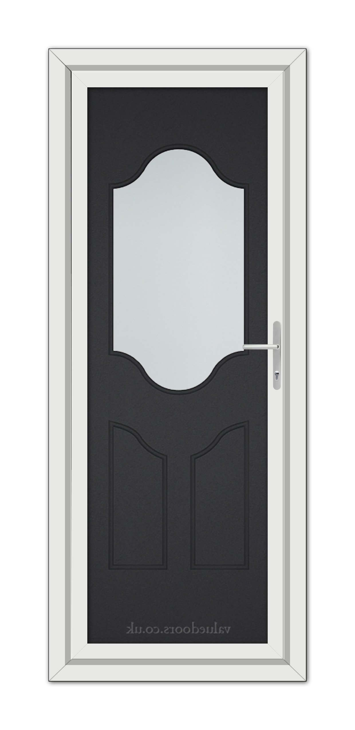 A tall Black Brown Althorpe One uPVC Door with a rectangular frame, featuring an oval-shaped window at the top and two panels below. The door is equipped with a metallic handle on the right side.