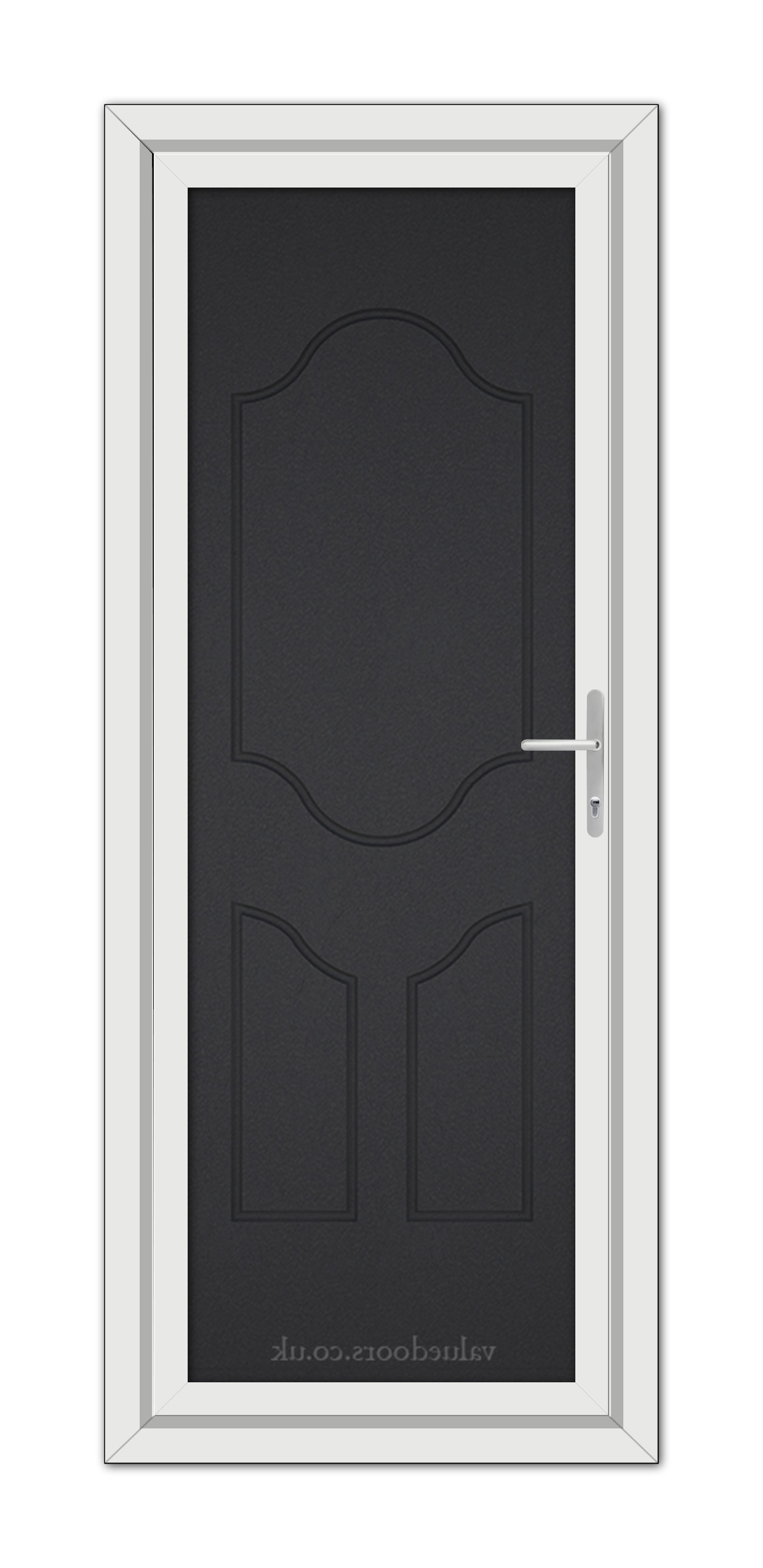A Black Brown Althorpe Solid uPVC door with a white frame and a metallic handle, viewed from the front.