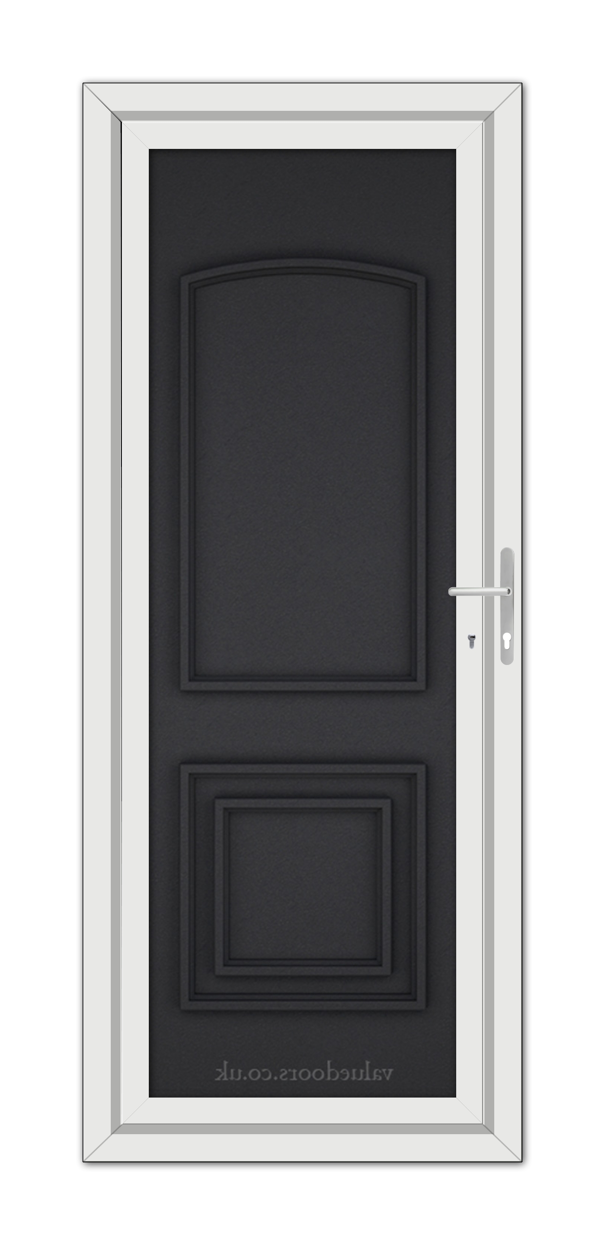 A modern Black Brown Balmoral Classic Solid uPVC Door with a white frame and a silver handle, featuring a rectangular and a square raised panel.