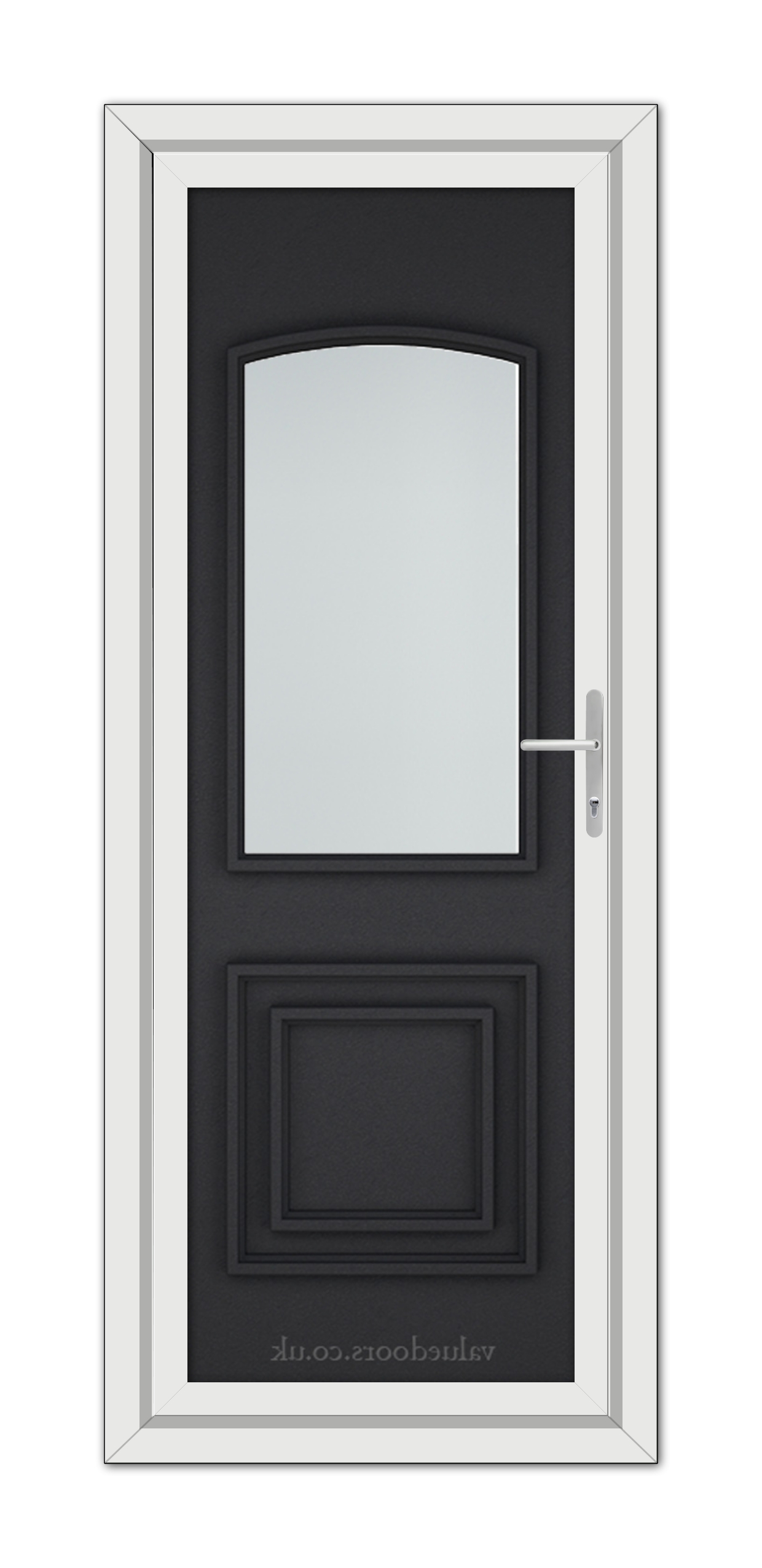 A modern Black Brown Balmoral Classic uPVC door with a vertical glass window, silver handle, and white frame, viewed from front.