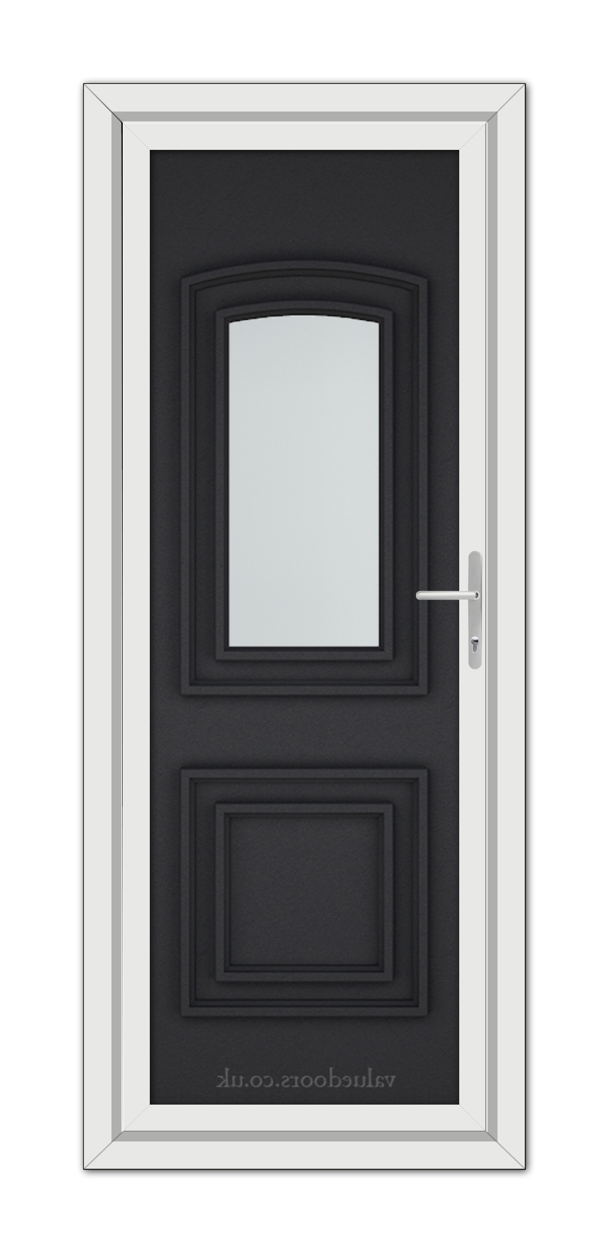 A modern Black Brown Balmoral One uPVC door with a vertical glass panel, framed by a white door frame. the door handle is on the left side.
