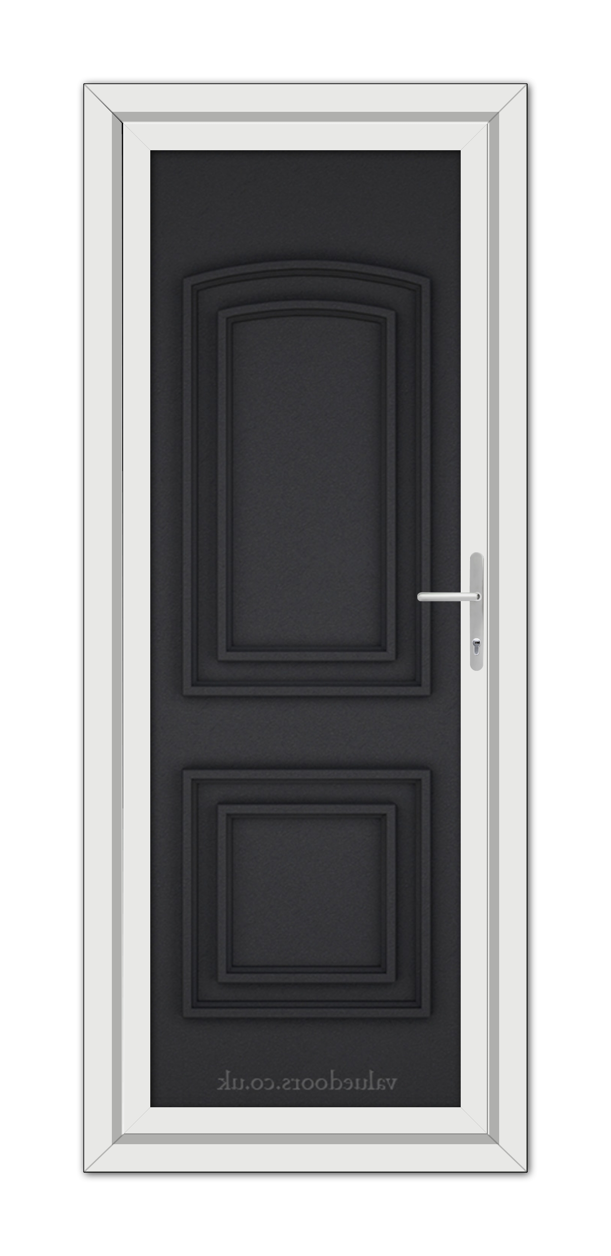 A vertical image of a Black Brown Balmoral Solid uPVC Door with a silver handle, set within a white door frame.