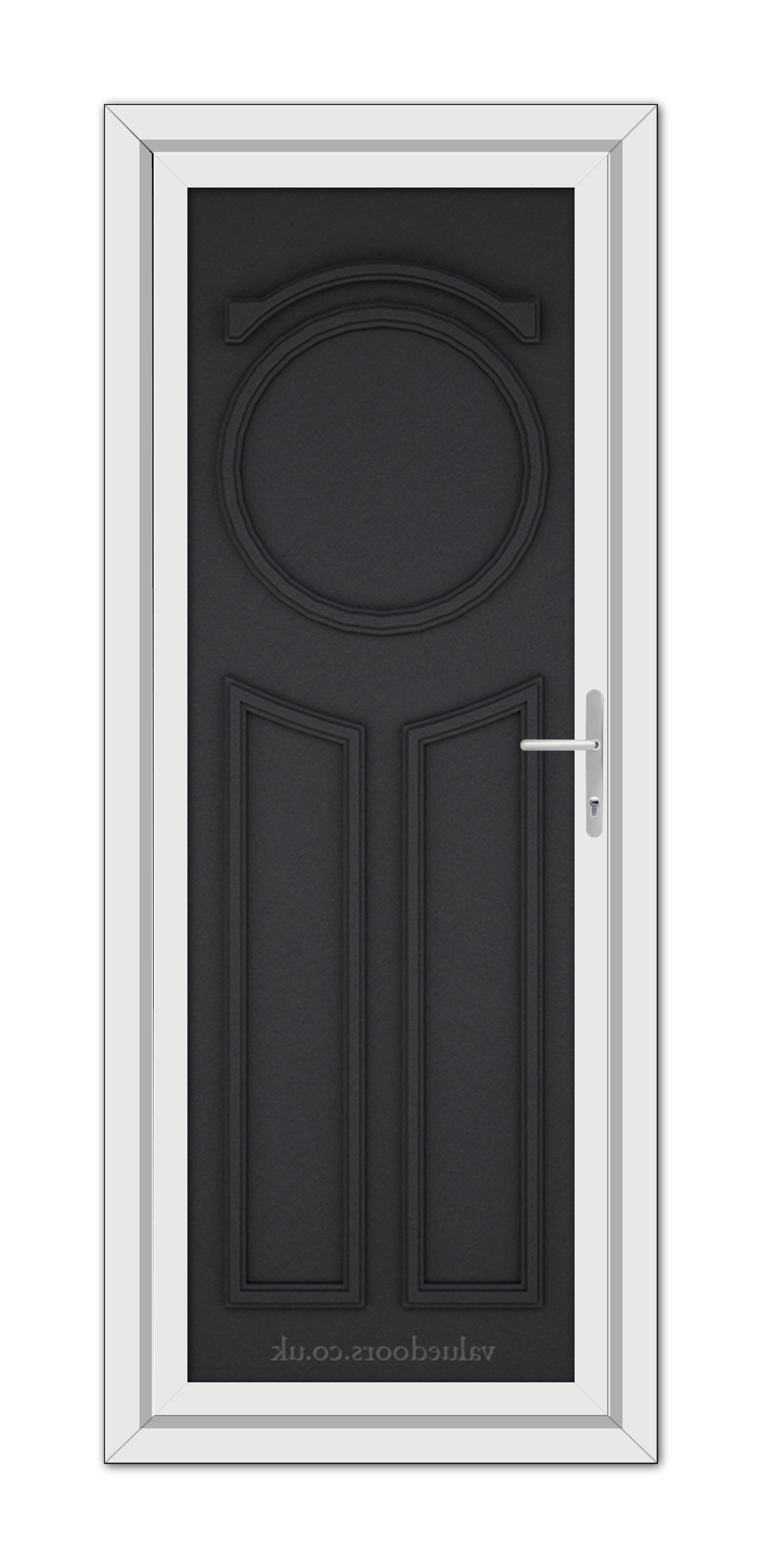 A modern Black Brown Blenheim Solid uPVC Door with a circular window at the top and two rectangular panels below, set within a white frame, viewed from the front.