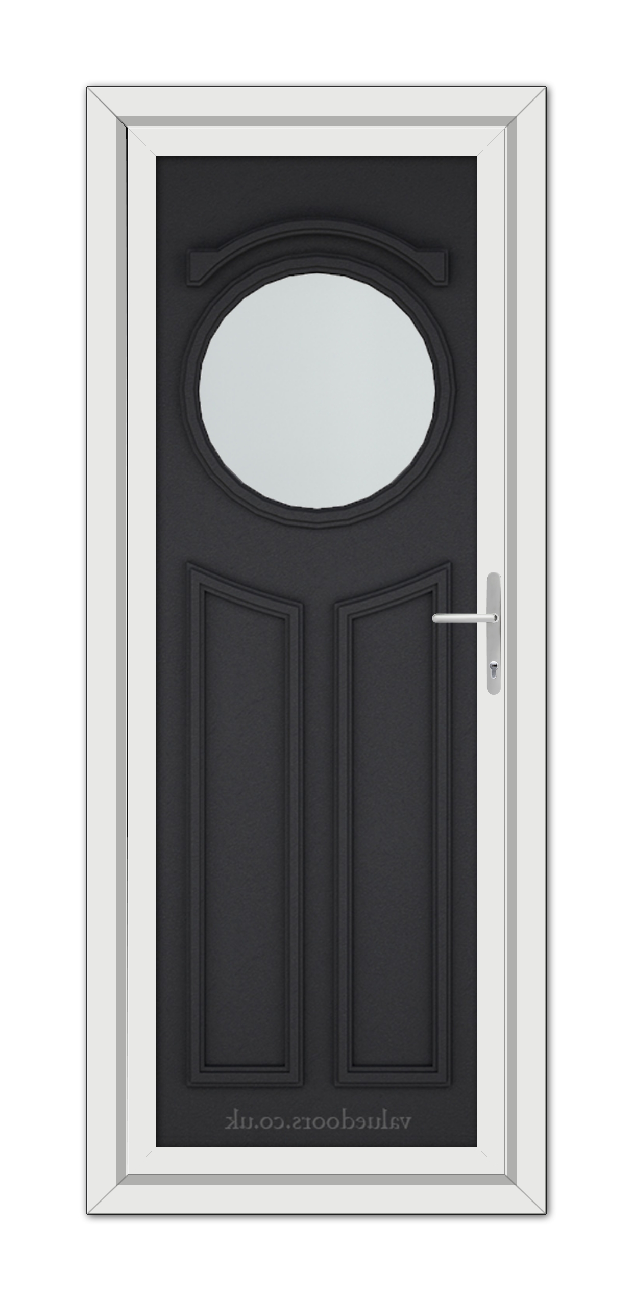 A vertical image of a Black Brown Blenheim uPVC Door with a circular window at the top, framed in white, featuring a sleek handle on the right side.
